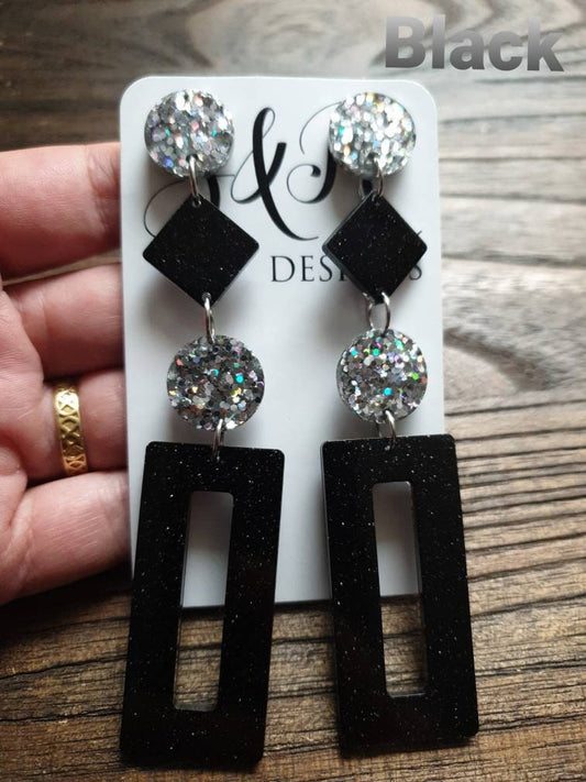 Black Rectangle Long Dangle Resin Earrings, Statement Silver Holographic and Black Glitter Handmade, Extra Long Dangle Earrings, 10.5cm long