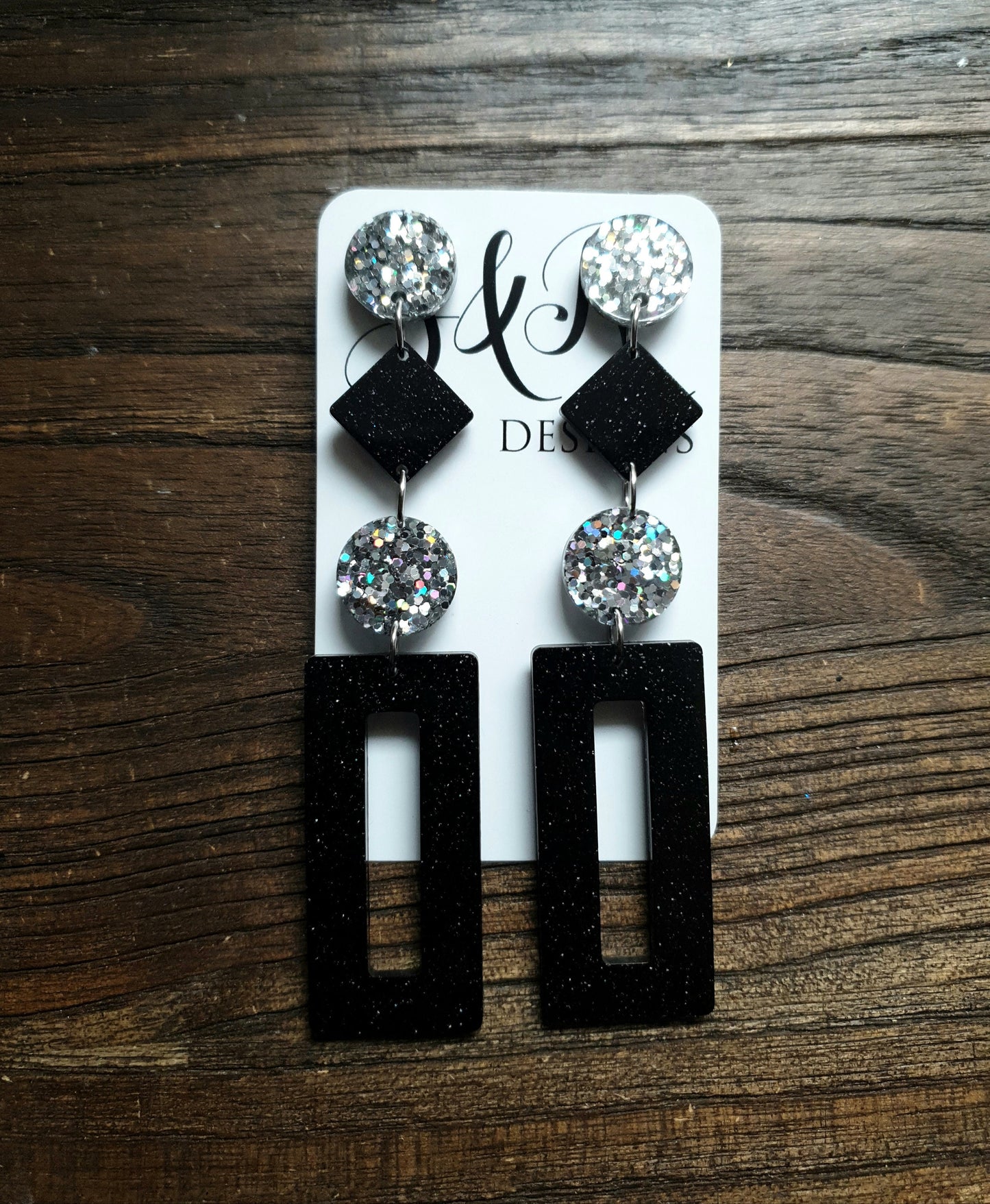 Black Rectangle Long Dangle Resin Earrings, Statement Silver Holographic and Black Glitter Handmade, Extra Long Dangle Earrings, 10.5cm long