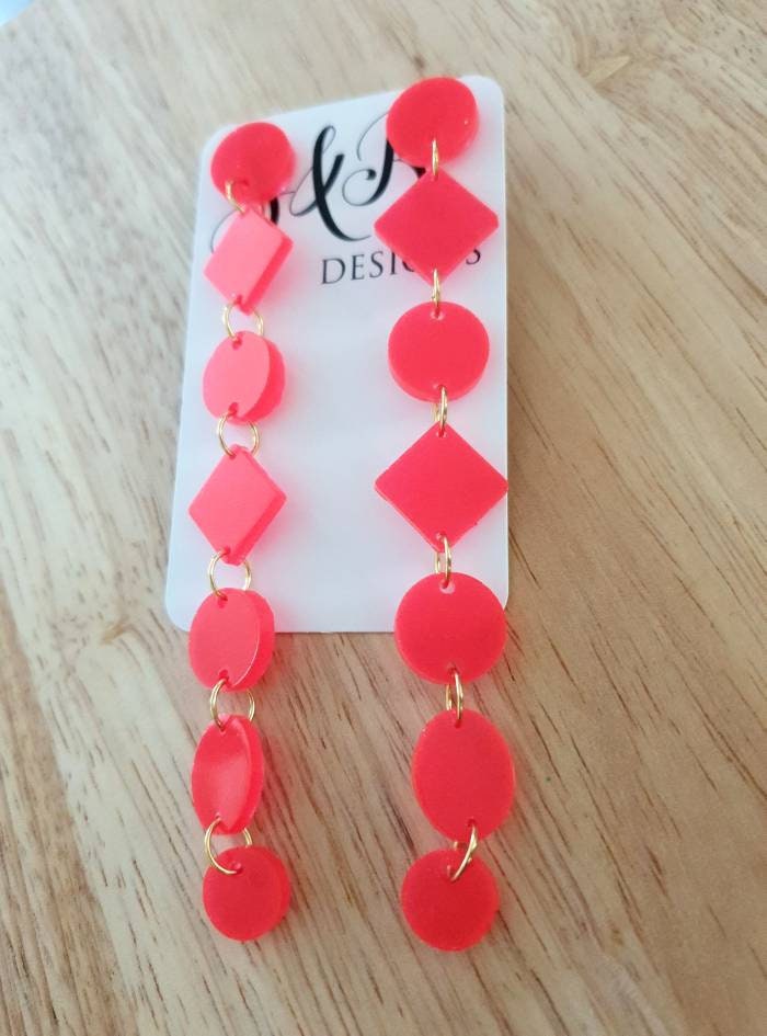 Pink Shoulder Duster Earrings, Disco Fever Pink Glitter Extra Super Long Circle Diamond Dangles, Statement Resin Earrings 12.5cm long