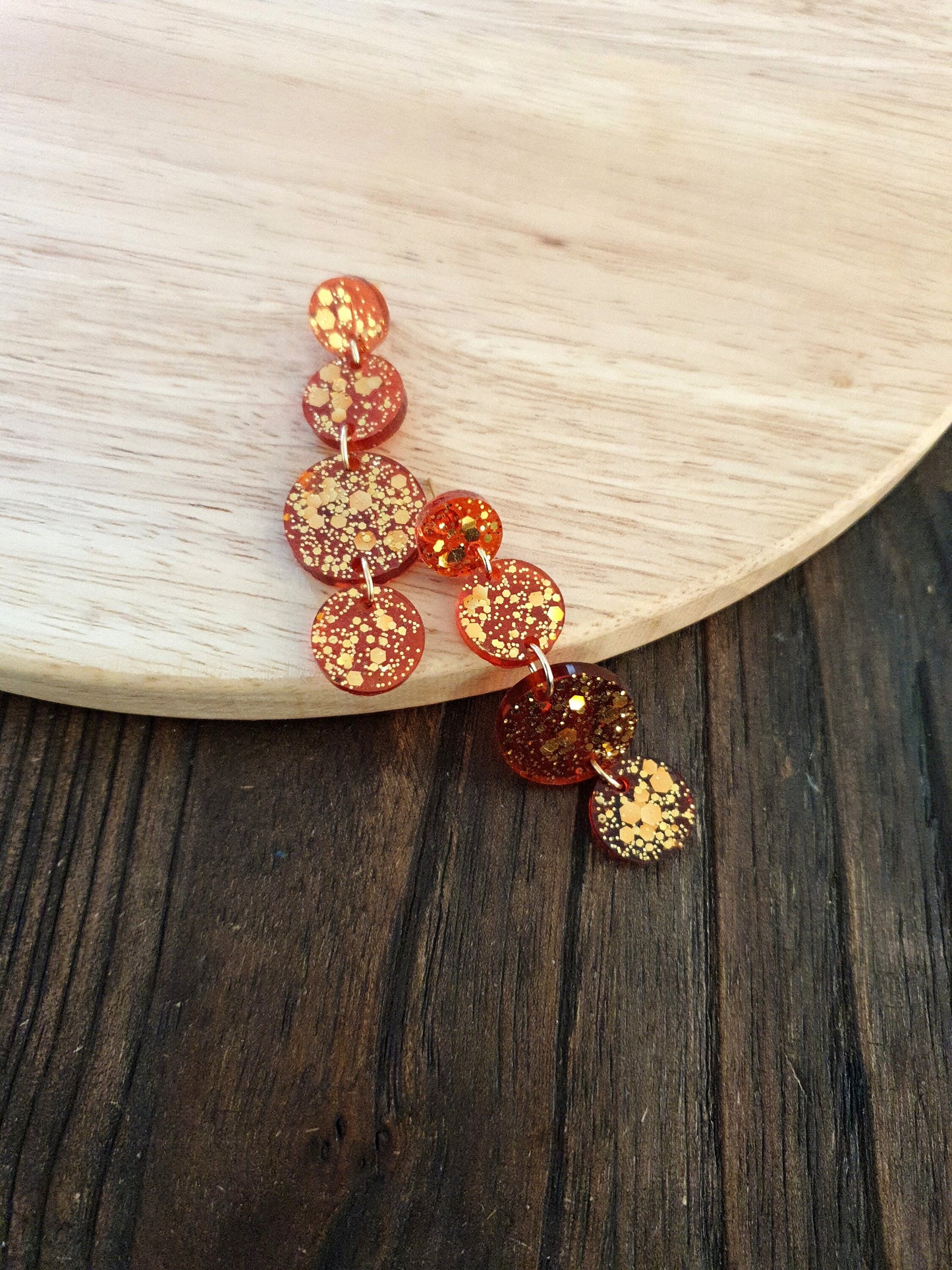 Burnt Orange Long Circle Dangle Earrings, Statement Earrings, Burnt Orange with Gold Glitter Resin Dangle Stud Earrings
