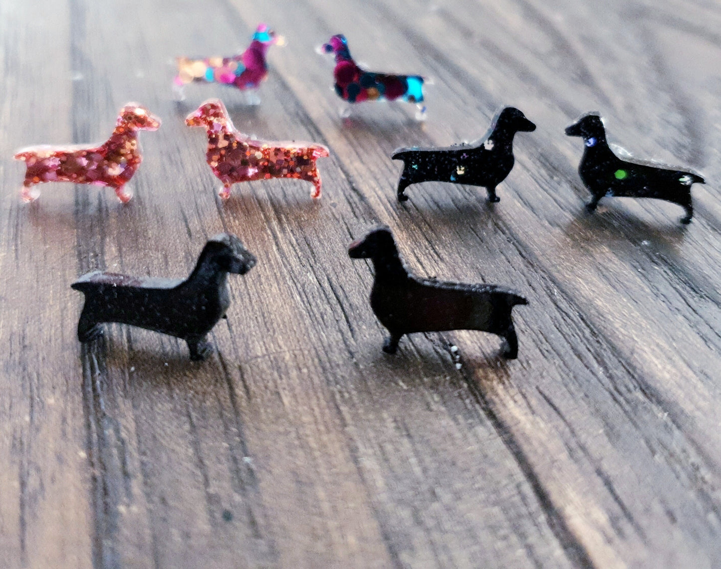 Dachshund Resin Stud Earrings, Black Silver Glitter Sausage Dog Earrings, Stainless Steel Studs