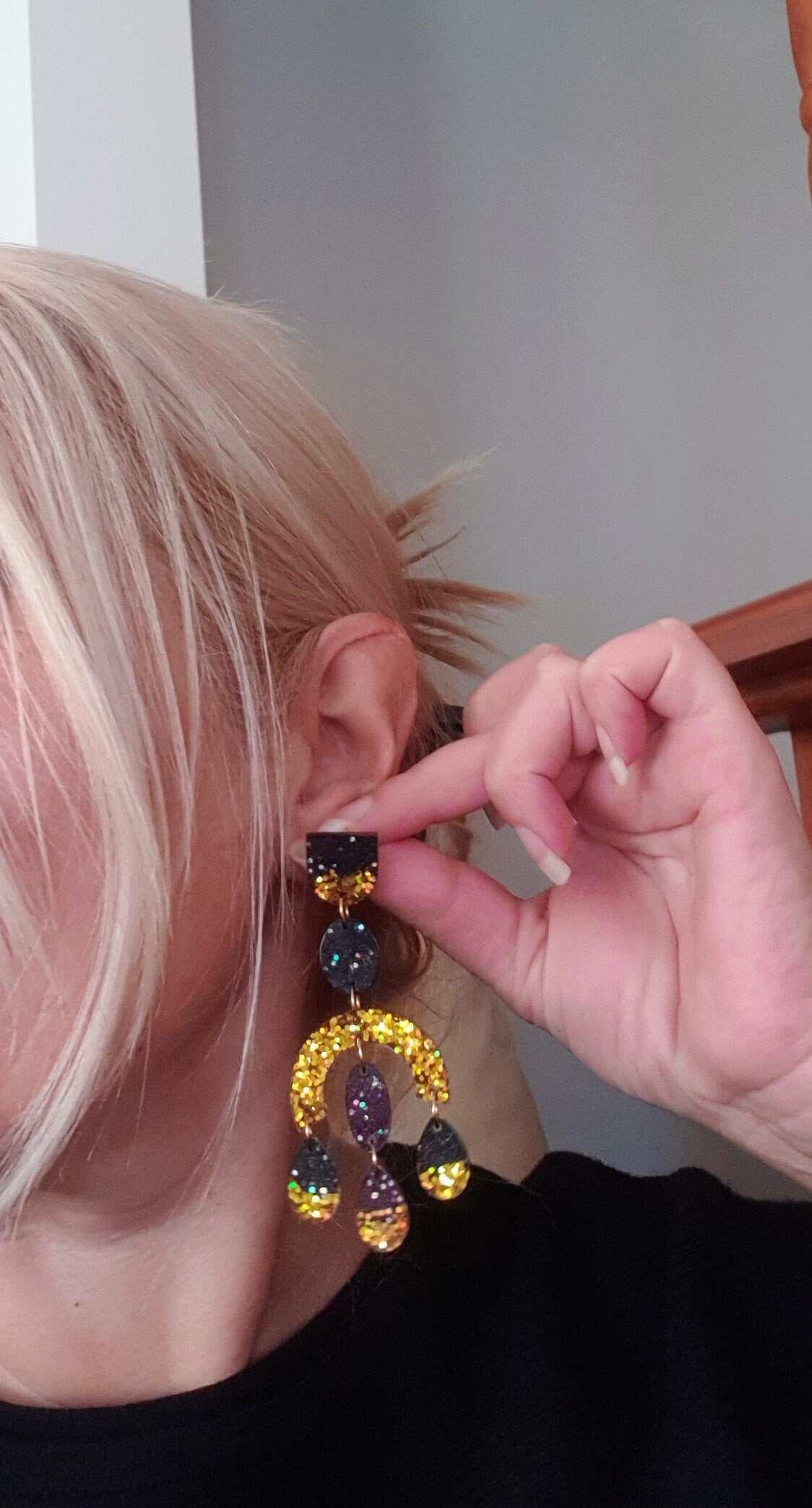 Large Oversized Gold Glitter Black Chandelier Dangle Earrings, Glitter Dangles, Statement Long Earrings