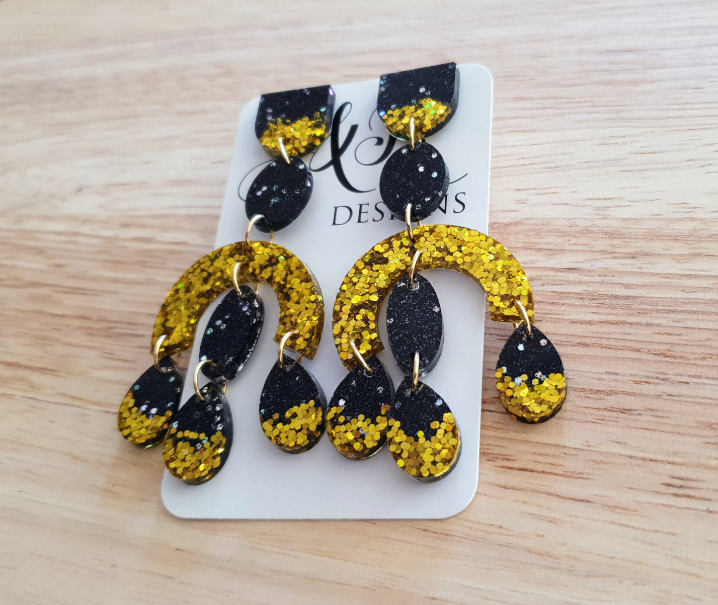 Large Oversized Gold Glitter Black Chandelier Dangle Earrings, Glitter Dangles, Statement Long Earrings