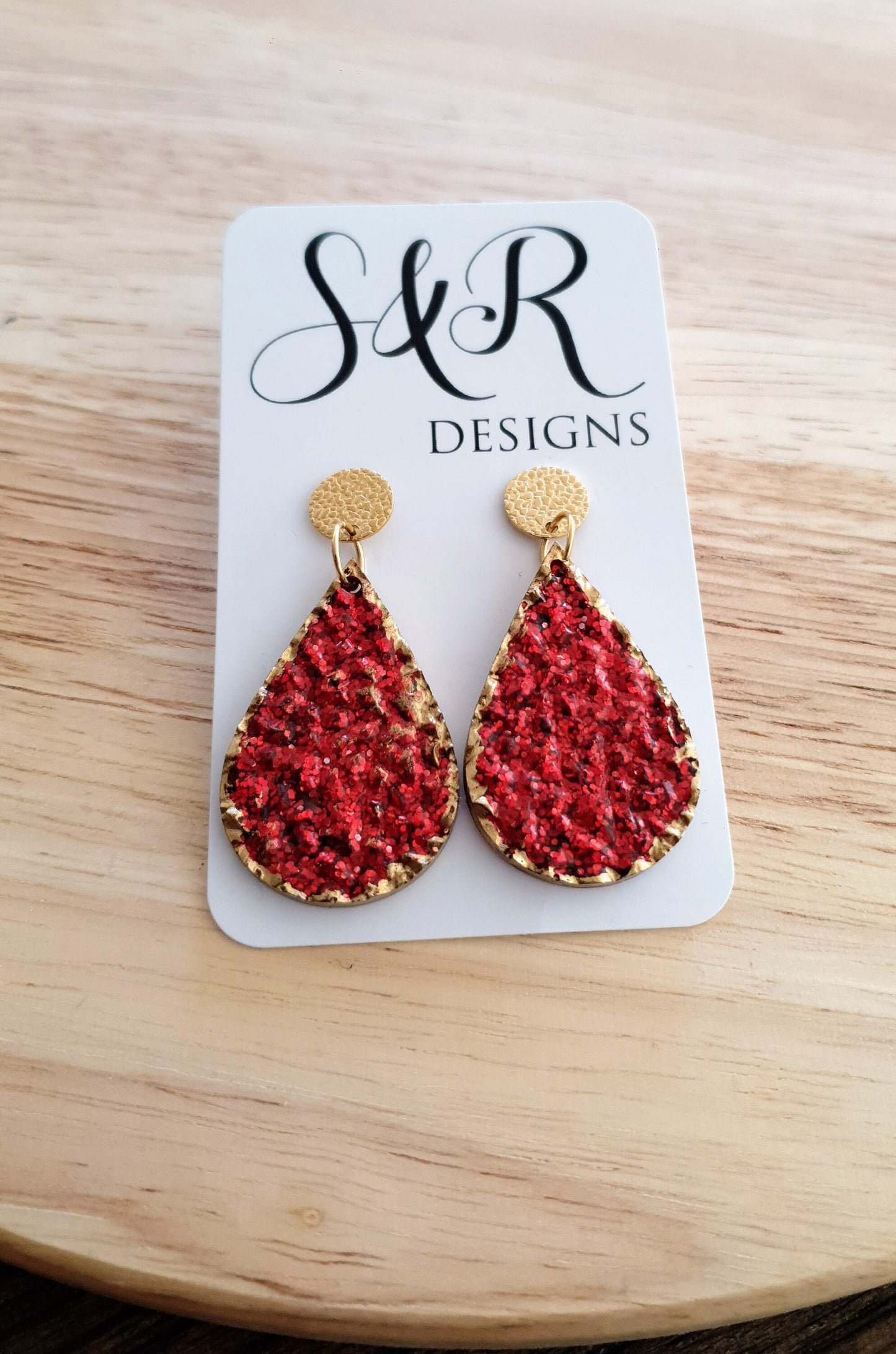 Red Teardrops Resin Long Gold Earrings, Gold with Red Glitter Resin Earrings, Stainless Steel Earrings, Statement Earrings