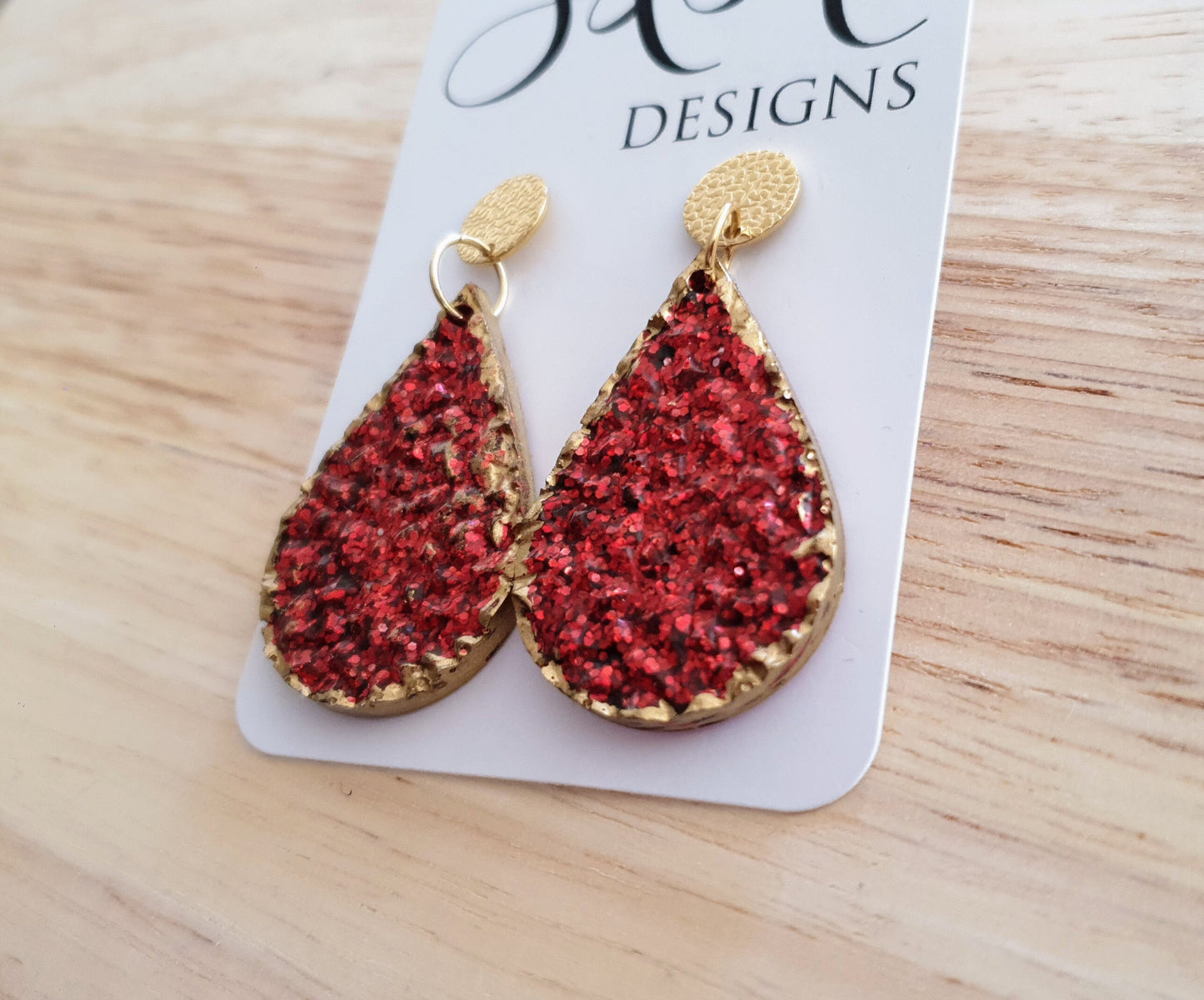 Red Teardrops Resin Long Gold Earrings, Gold with Red Glitter Resin Earrings, Stainless Steel Earrings, Statement Earrings