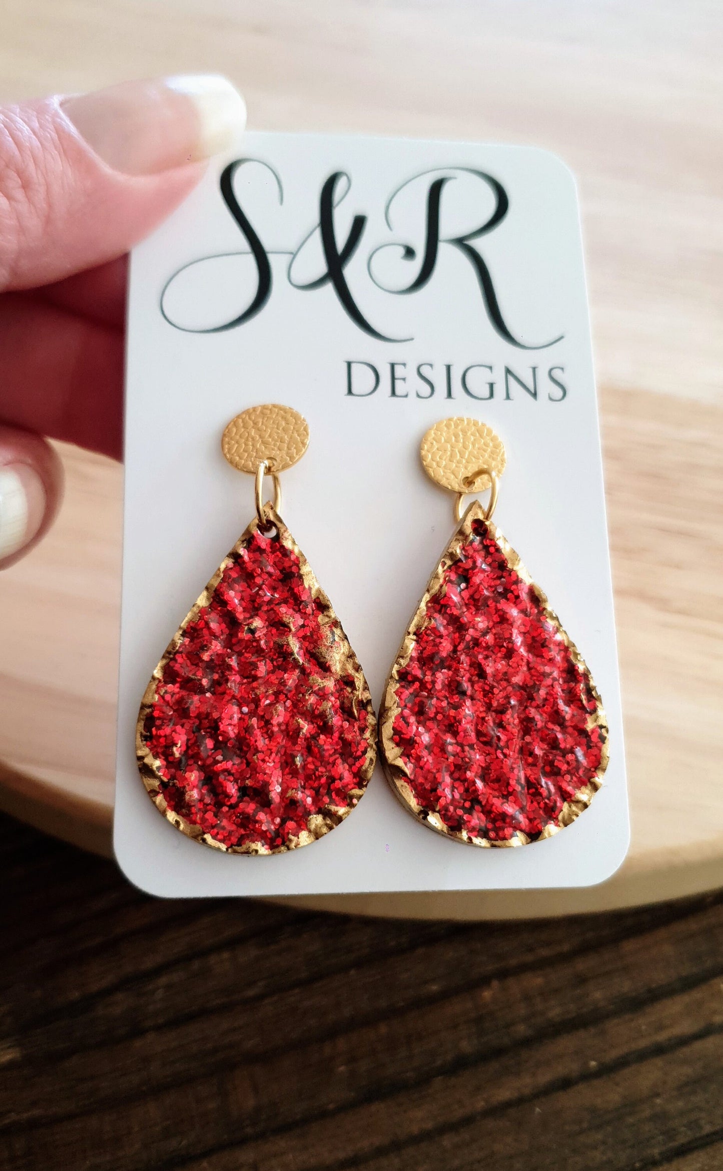 Red Teardrops Resin Long Gold Earrings, Gold with Red Glitter Resin Earrings, Stainless Steel Earrings, Statement Earrings