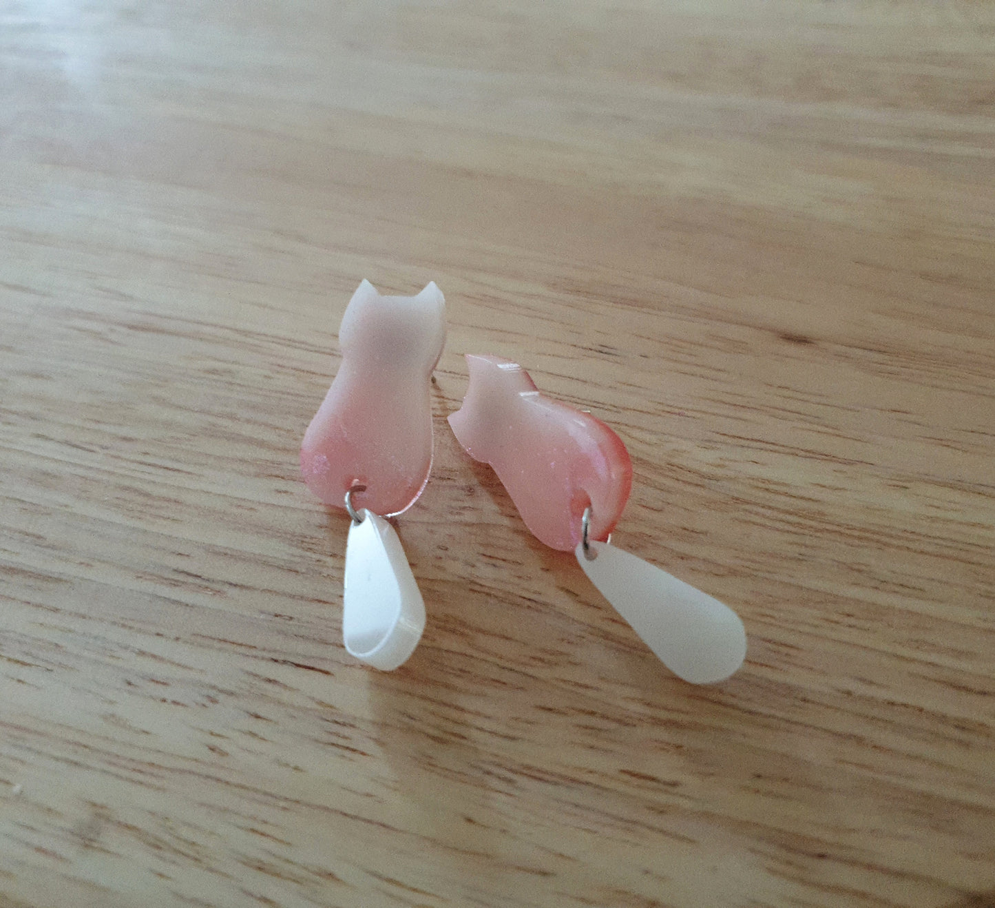 White Blush Cat Dangle Earrings, Cat with Moving Tail Long Earrings, Silver Handmade Resin Earrings, Cat Earrings Stainless Steel.