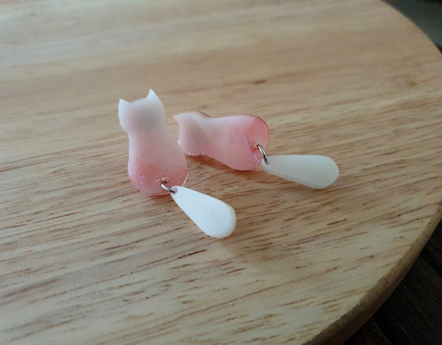 White Blush Cat Dangle Earrings, Cat with Moving Tail Long Earrings, Silver Handmade Resin Earrings, Cat Earrings Stainless Steel.