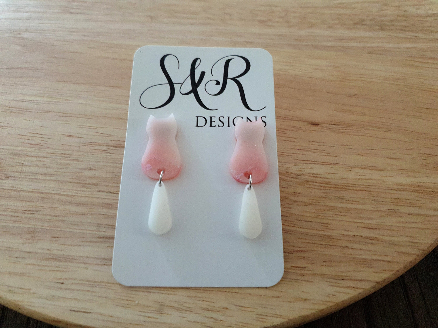White Blush Cat Dangle Earrings, Cat with Moving Tail Long Earrings, Silver Handmade Resin Earrings, Cat Earrings Stainless Steel.