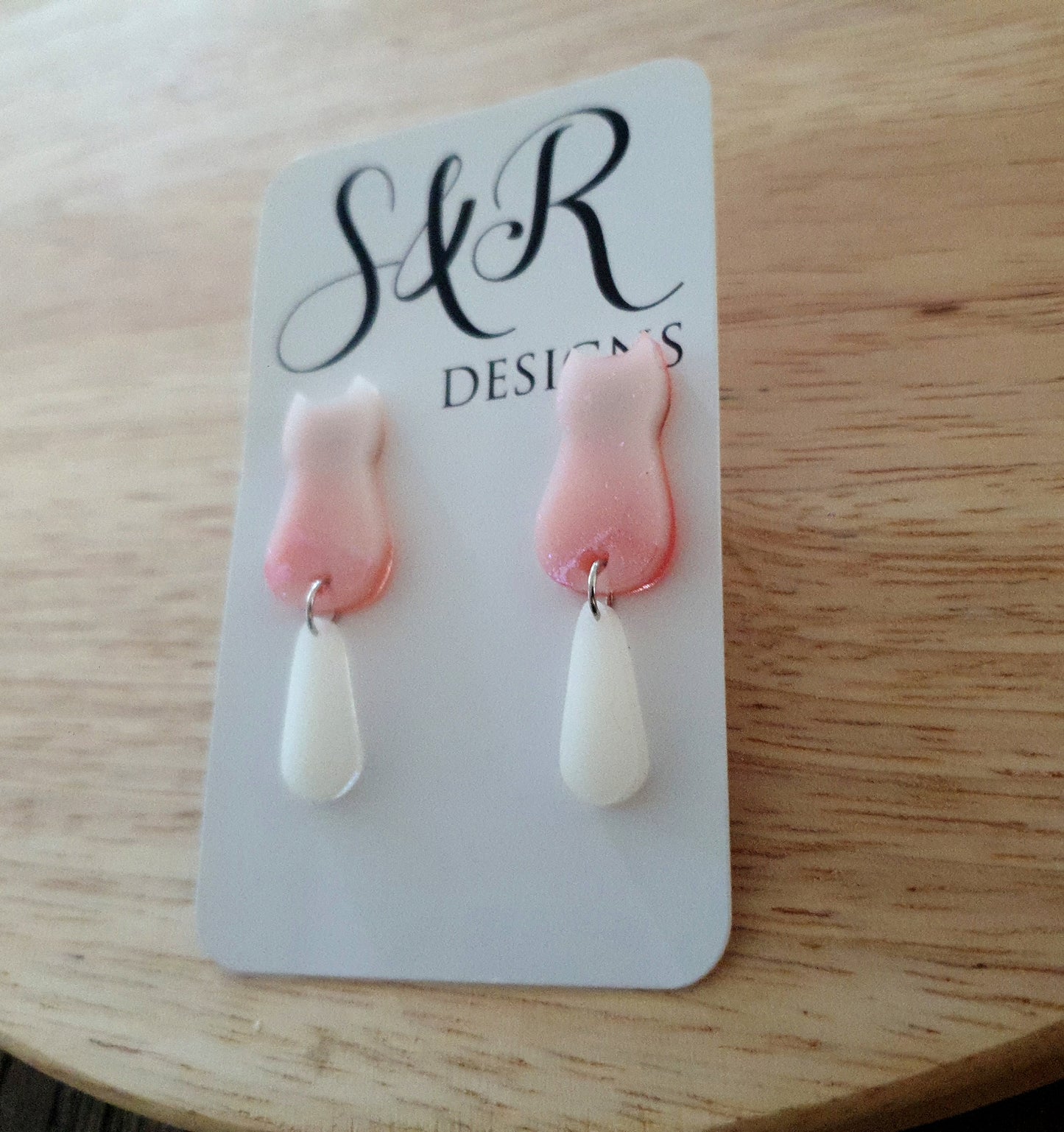 White Blush Cat Dangle Earrings, Cat with Moving Tail Long Earrings, Silver Handmade Resin Earrings, Cat Earrings Stainless Steel.