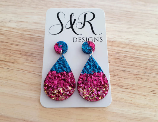 Teardrops Resin Faux Druzy Earrings, Hot Pink, Electric Blue and Gold Resin Earrings, Stainless Steel Earrings, Statement Earrings