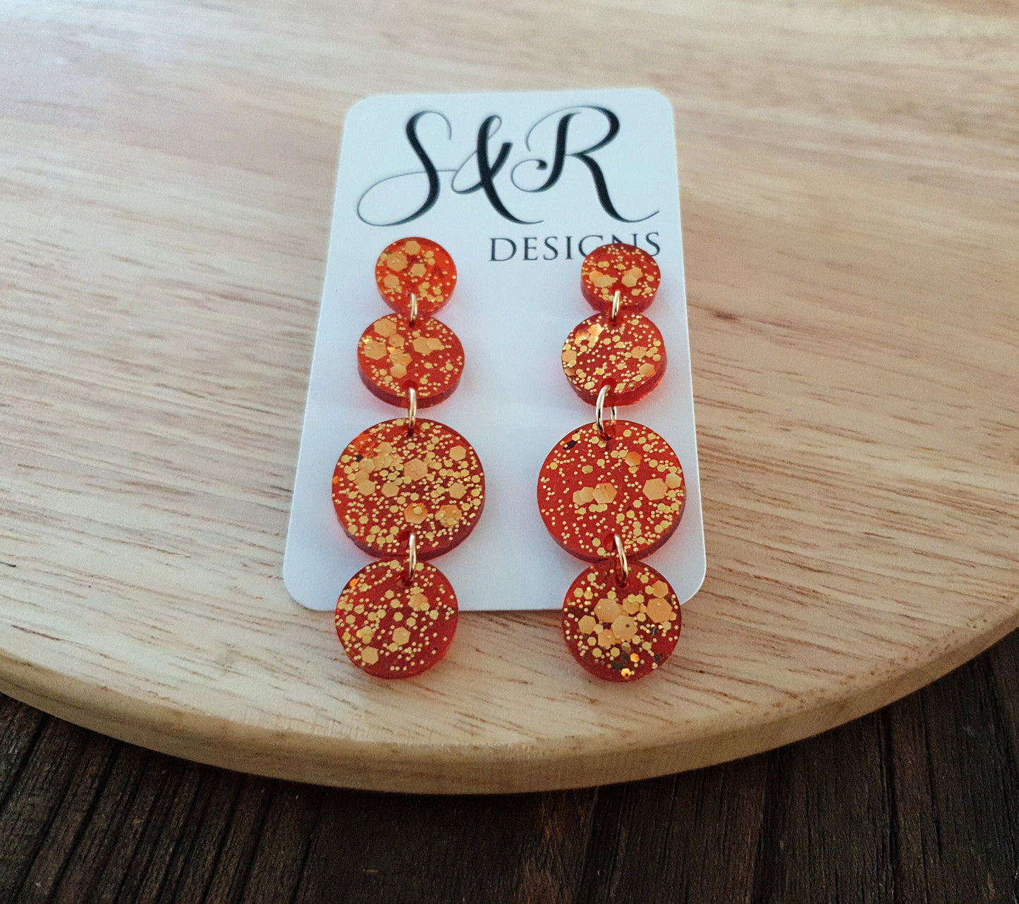 Burnt Orange Long Circle Dangle Earrings, Statement Earrings, Burnt Orange with Gold Glitter Resin Dangle Stud Earrings