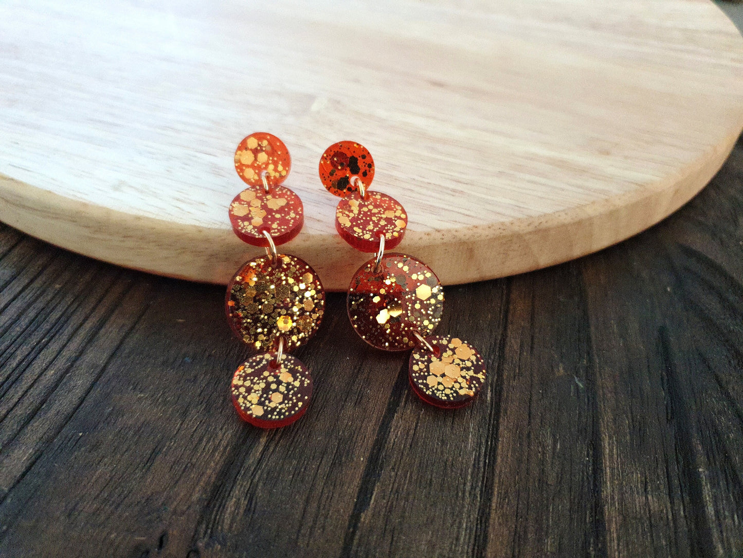 Burnt Orange Long Circle Dangle Earrings, Statement Earrings, Burnt Orange with Gold Glitter Resin Dangle Stud Earrings