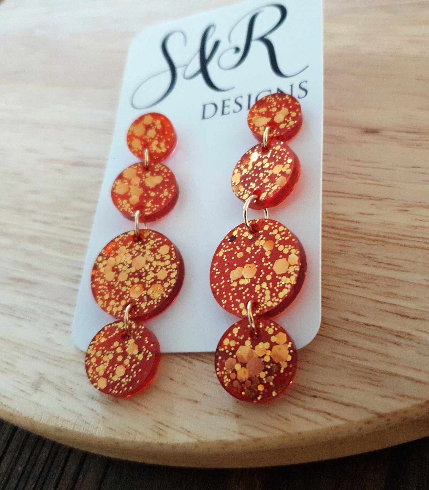 Burnt Orange Long Circle Dangle Earrings, Statement Earrings, Burnt Orange with Gold Glitter Resin Dangle Stud Earrings