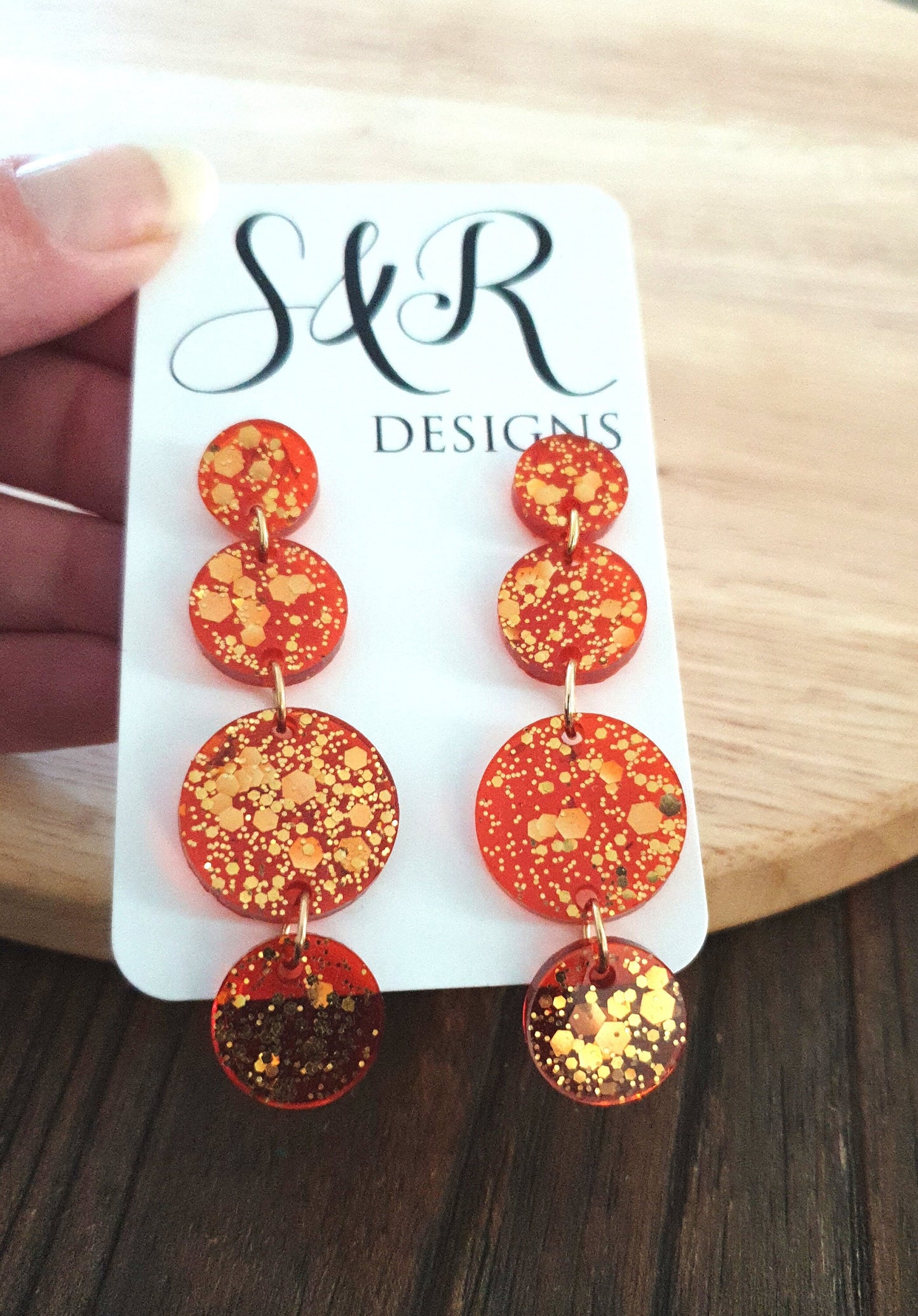 Burnt Orange Long Circle Dangle Earrings, Statement Earrings, Burnt Orange with Gold Glitter Resin Dangle Stud Earrings