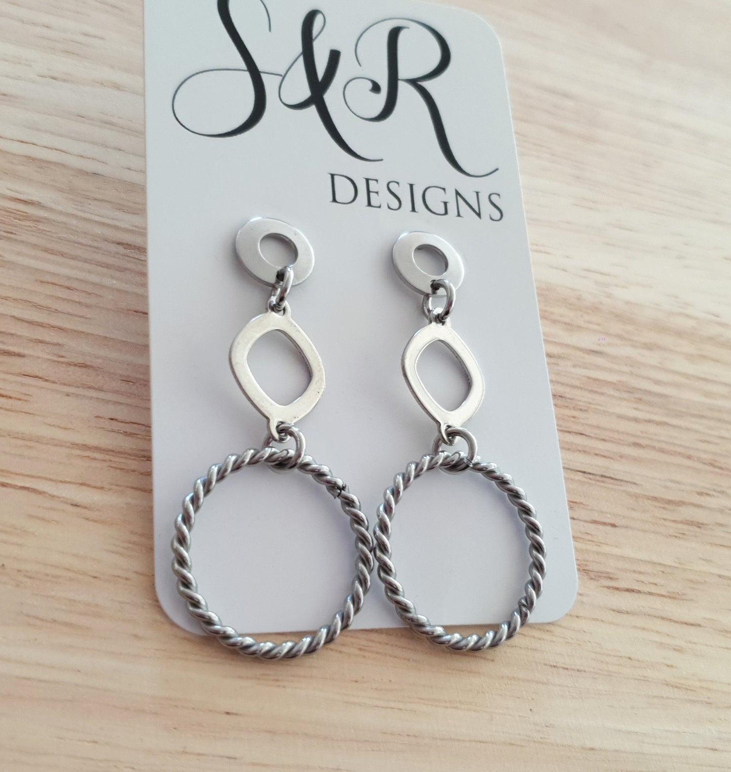 Silver Circles Long Earrings, Stainless Steel Dangle Earrings with Twisted Circle Design