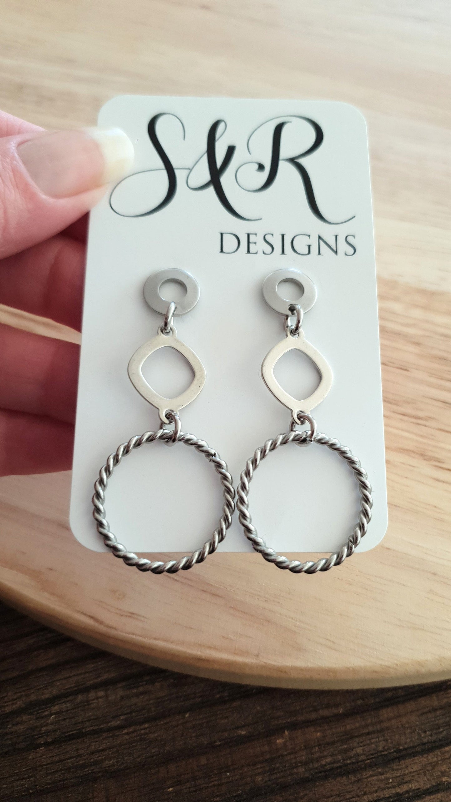 Silver Circles Long Earrings, Stainless Steel Dangle Earrings with Twisted Circle Design