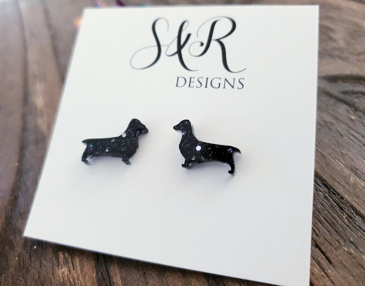 Dachshund Resin Stud Earrings, Black Silver Glitter Sausage Dog Earrings, Stainless Steel Studs