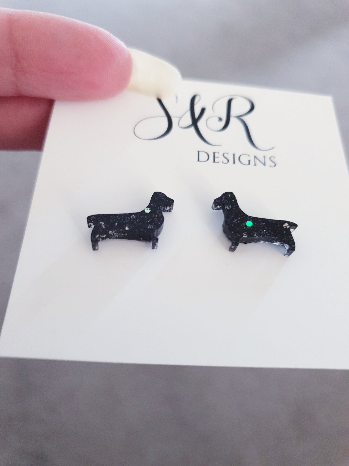 Dachshund Resin Stud Earrings, Black Silver Glitter Sausage Dog Earrings, Stainless Steel Studs