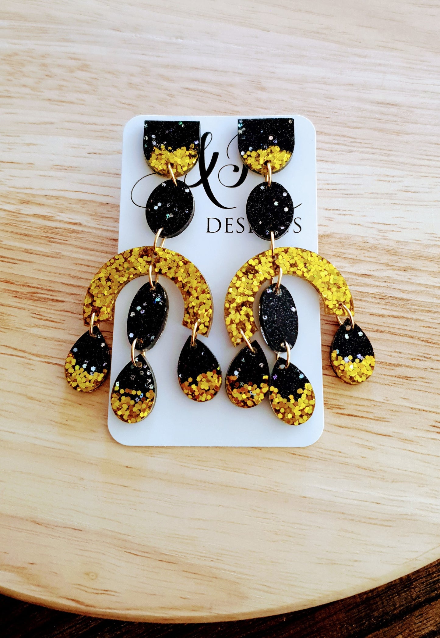 Large Oversized Gold Glitter Black Chandelier Dangle Earrings, Glitter Dangles, Statement Long Earrings
