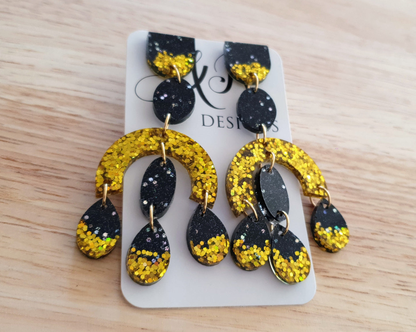 Large Oversized Gold Glitter Black Chandelier Dangle Earrings, Glitter Dangles, Statement Long Earrings