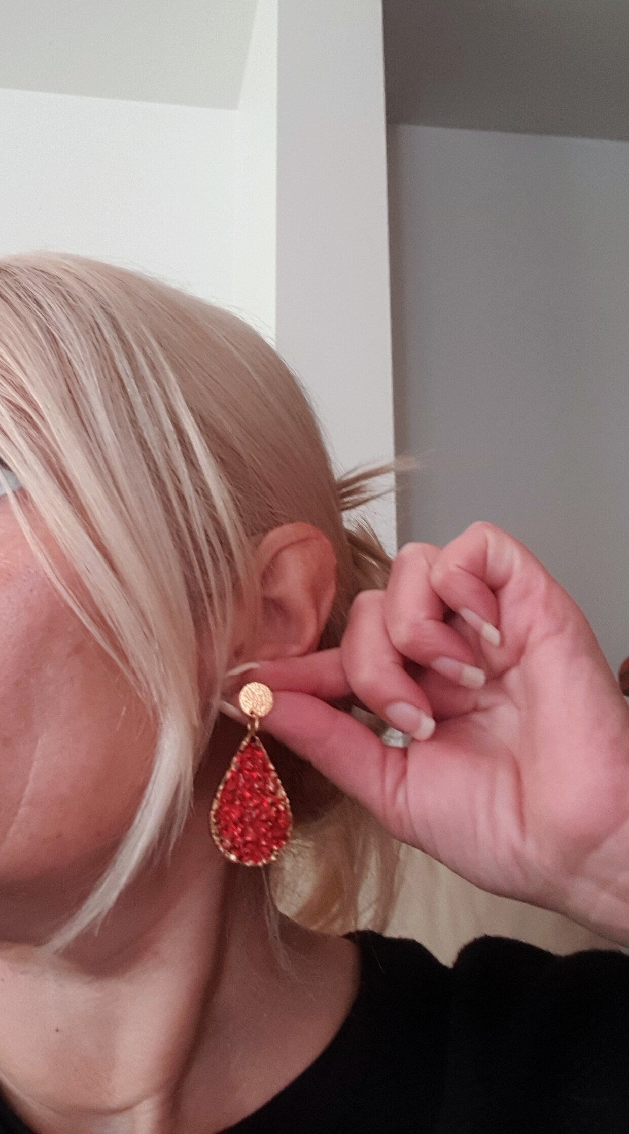 Red Teardrops Resin Long Gold Earrings, Gold with Red Glitter Resin Earrings, Stainless Steel Earrings, Statement Earrings