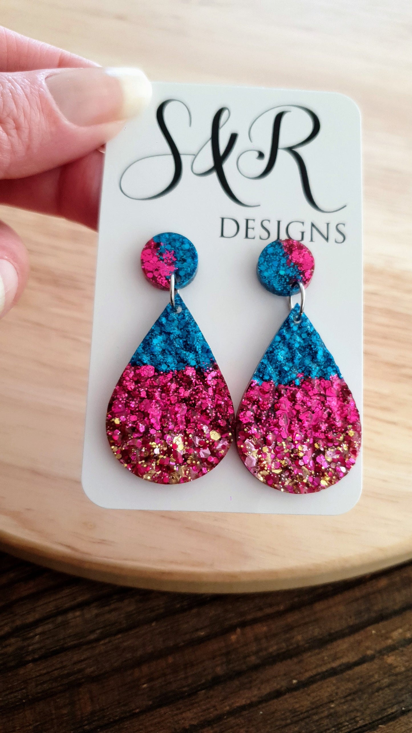 Teardrops Resin Faux Druzy Earrings, Hot Pink, Electric Blue and Gold Resin Earrings, Stainless Steel Earrings, Statement Earrings
