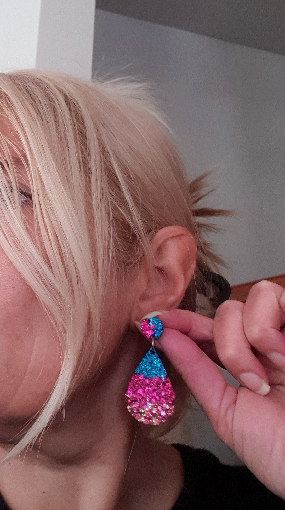 Teardrops Resin Faux Druzy Earrings, Hot Pink, Electric Blue and Gold Resin Earrings, Stainless Steel Earrings, Statement Earrings