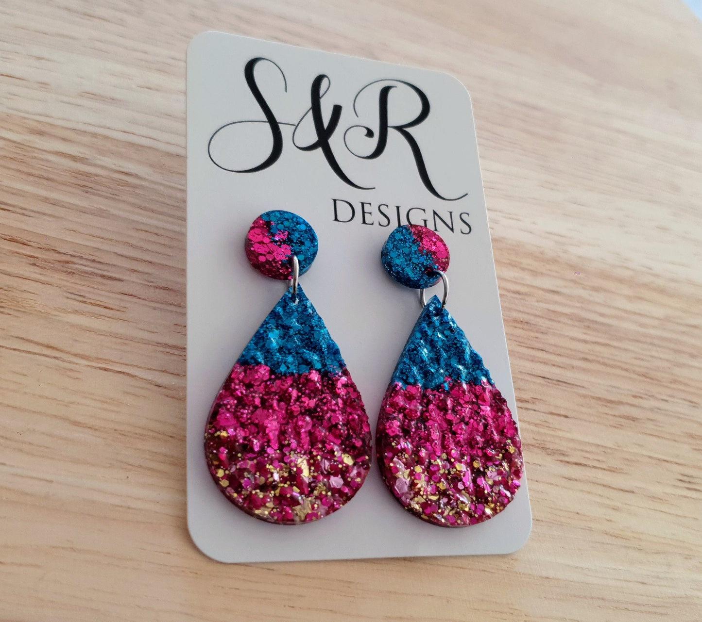 Teardrops Resin Faux Druzy Earrings, Hot Pink, Electric Blue and Gold Resin Earrings, Stainless Steel Earrings, Statement Earrings