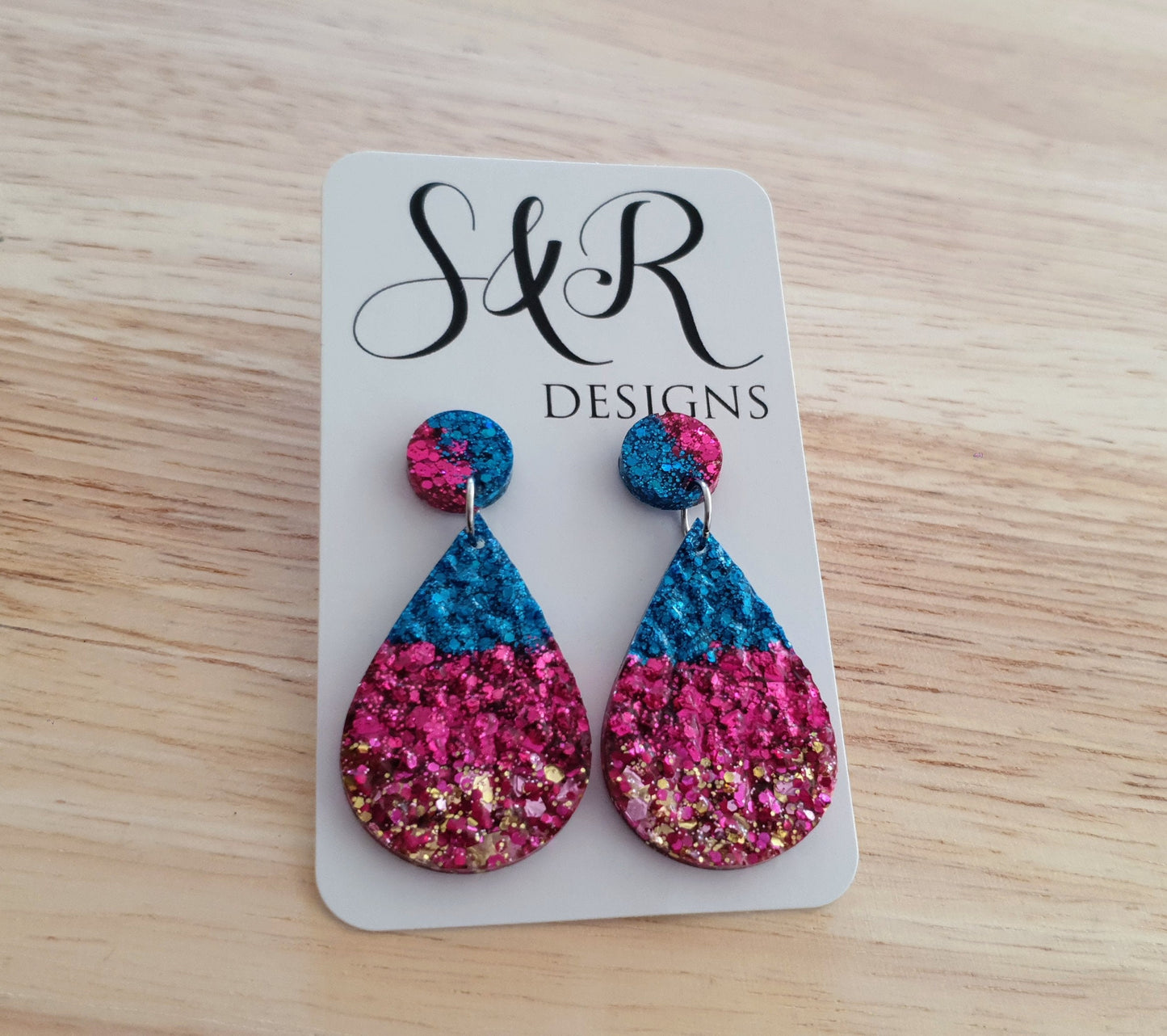 Teardrops Resin Faux Druzy Earrings, Hot Pink, Electric Blue and Gold Resin Earrings, Stainless Steel Earrings, Statement Earrings