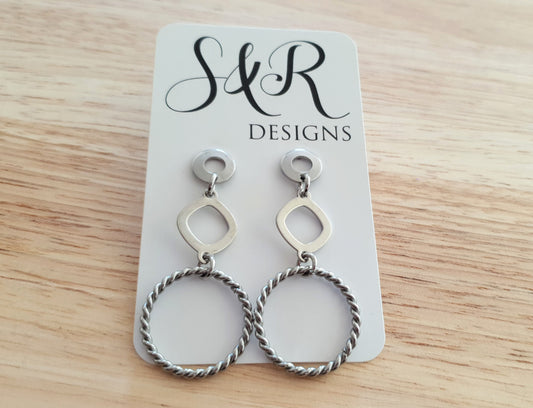 Silver Circles Long Earrings, Stainless Steel Dangle Earrings with Twisted Circle Design