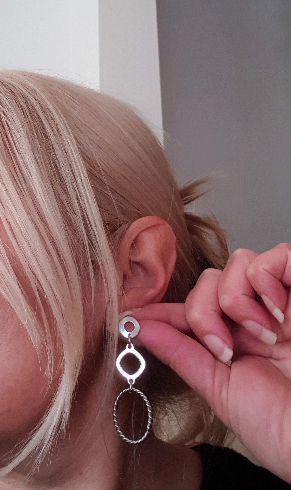 Silver Circles Long Earrings, Stainless Steel Dangle Earrings with Twisted Circle Design