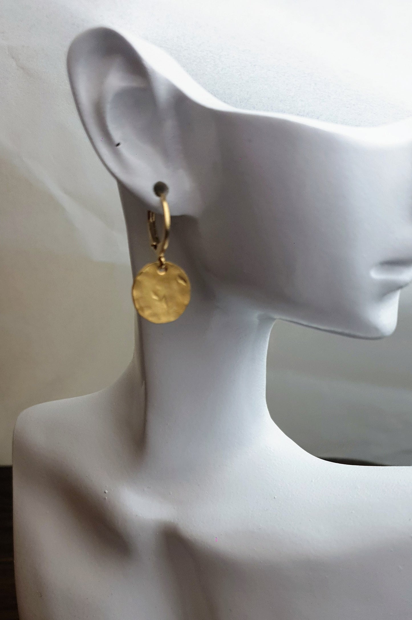 Gold Hammered Circle Disc Medium Leverback Earrings, Coin Disc Hoops, Hooks, Stainless Steel Dangle Leverback, Minimalist Earrings, 12mm