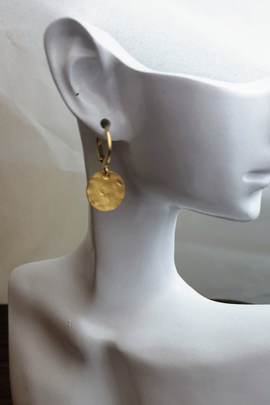 Gold Hammered Circle Disc Medium Leverback Earrings, Coin Disc Hoops, Hooks, Stainless Steel Dangle Leverback, Minimalist Earrings, 12mm