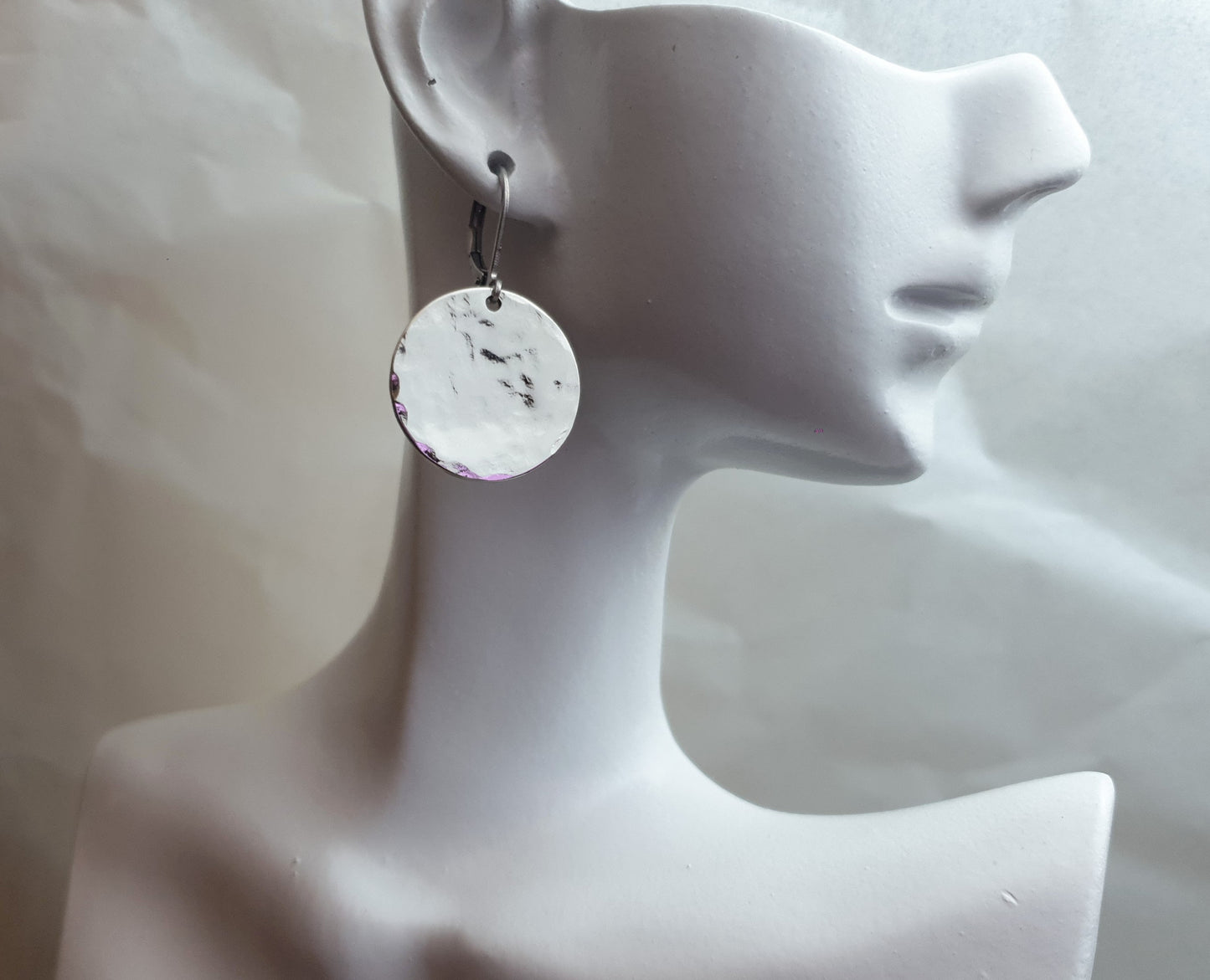 Hammered Circle Disc Large Leverback Earrings, 20mm Coin Disc, Stainless Steel Dangle Leverback, Hoops or Hook Earrings, Can be Personalised