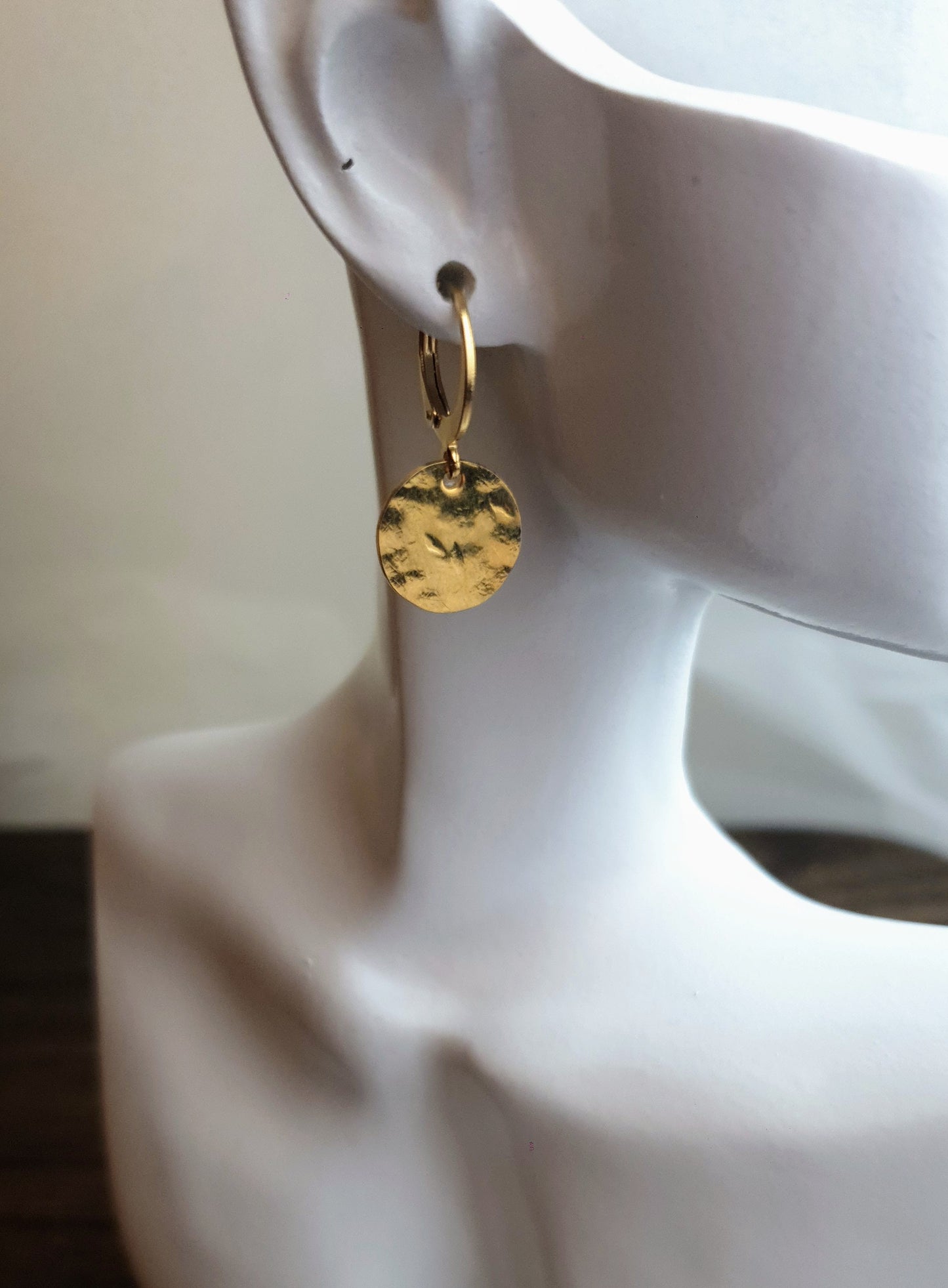 Gold Hammered Circle Disc Medium Leverback Earrings, Coin Disc Hoops, Hooks, Stainless Steel Dangle Leverback, Minimalist Earrings, 12mm