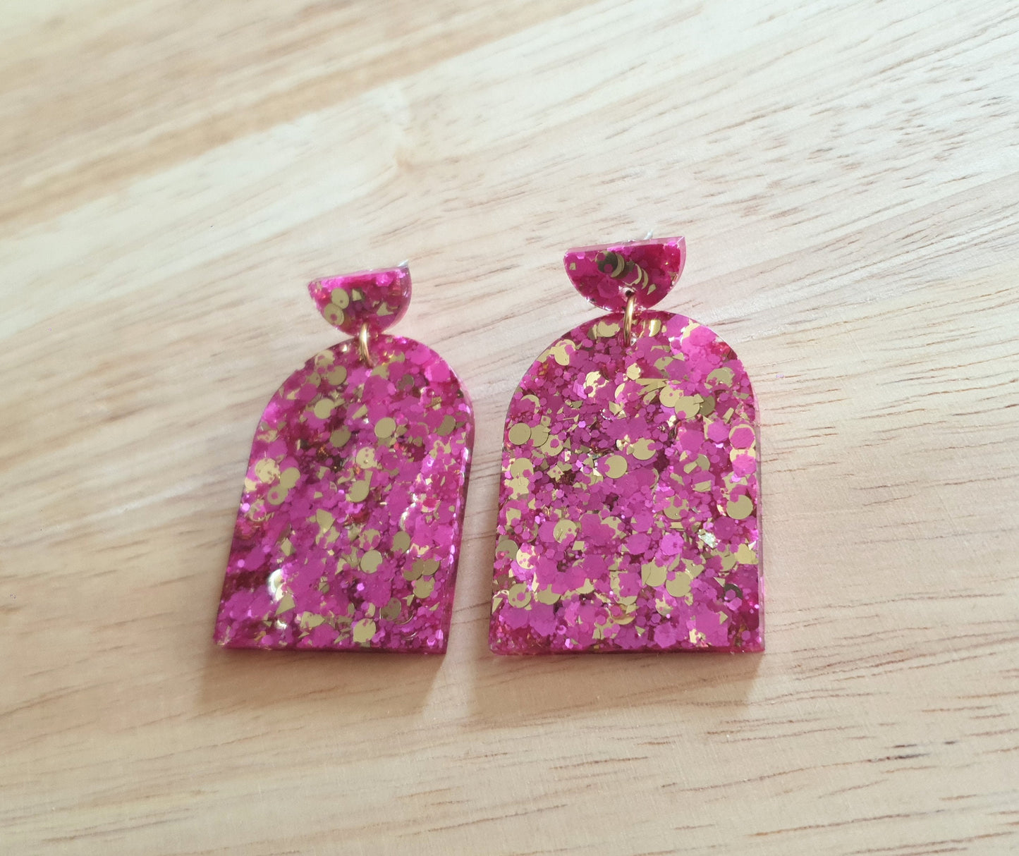 Hot Pink and Gold Glitter Arch Earrings, Pink Gold mix Chunky Glitter Handmade Resin Dangles, Statement Earrings