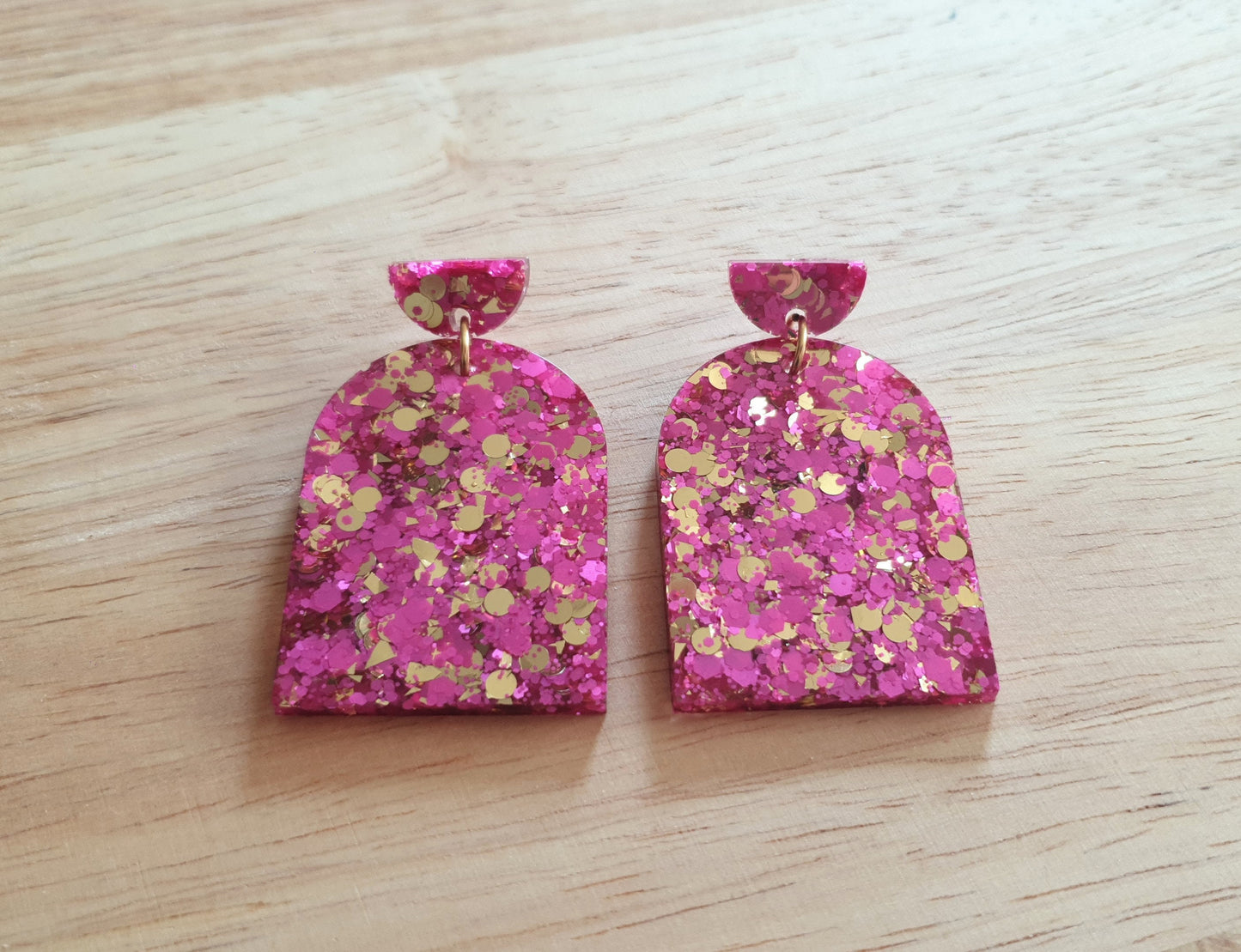 Hot Pink and Gold Glitter Arch Earrings, Pink Gold mix Chunky Glitter Handmade Resin Dangles, Statement Earrings