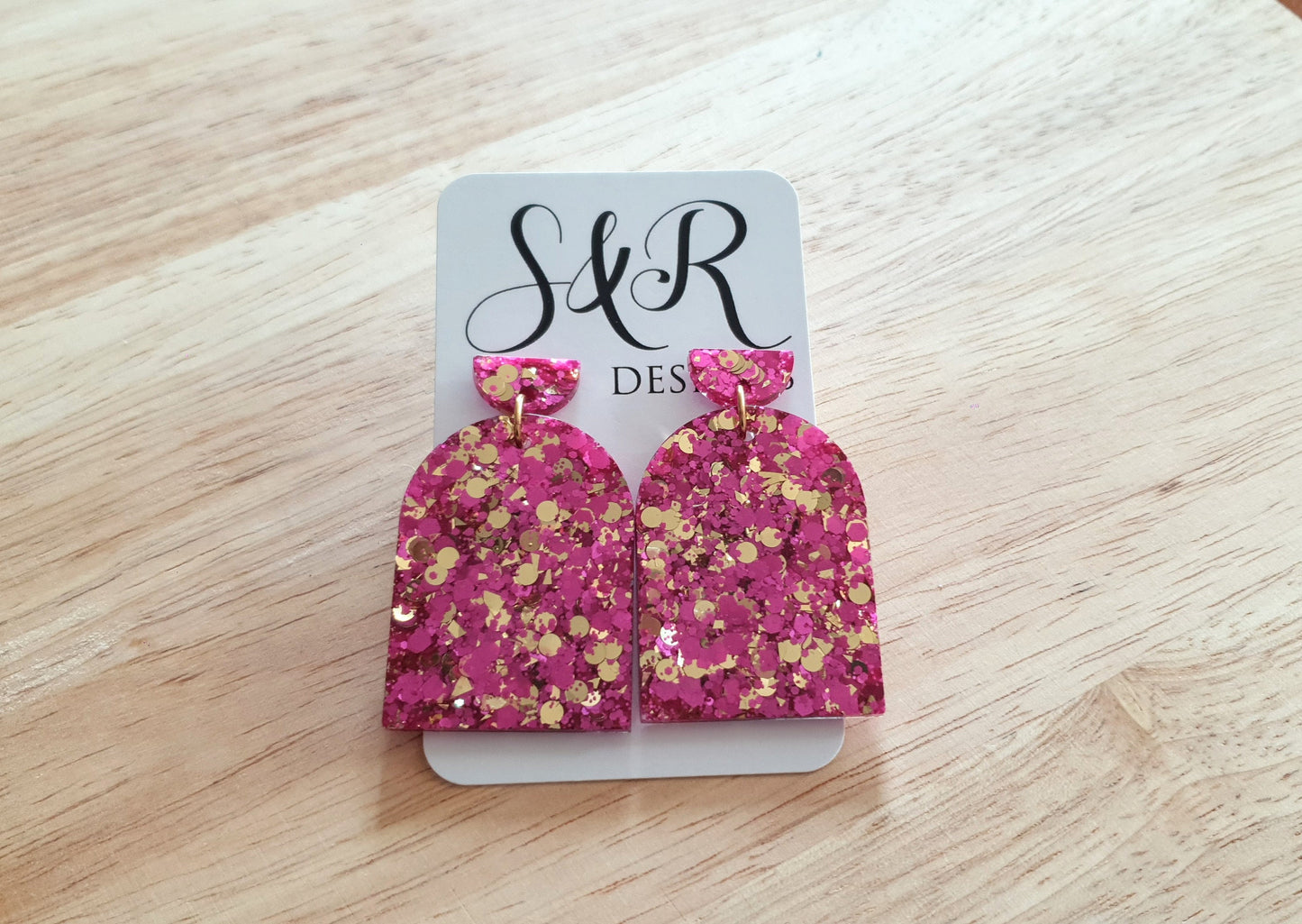 Hot Pink and Gold Glitter Arch Earrings, Pink Gold mix Chunky Glitter Handmade Resin Dangles, Statement Earrings