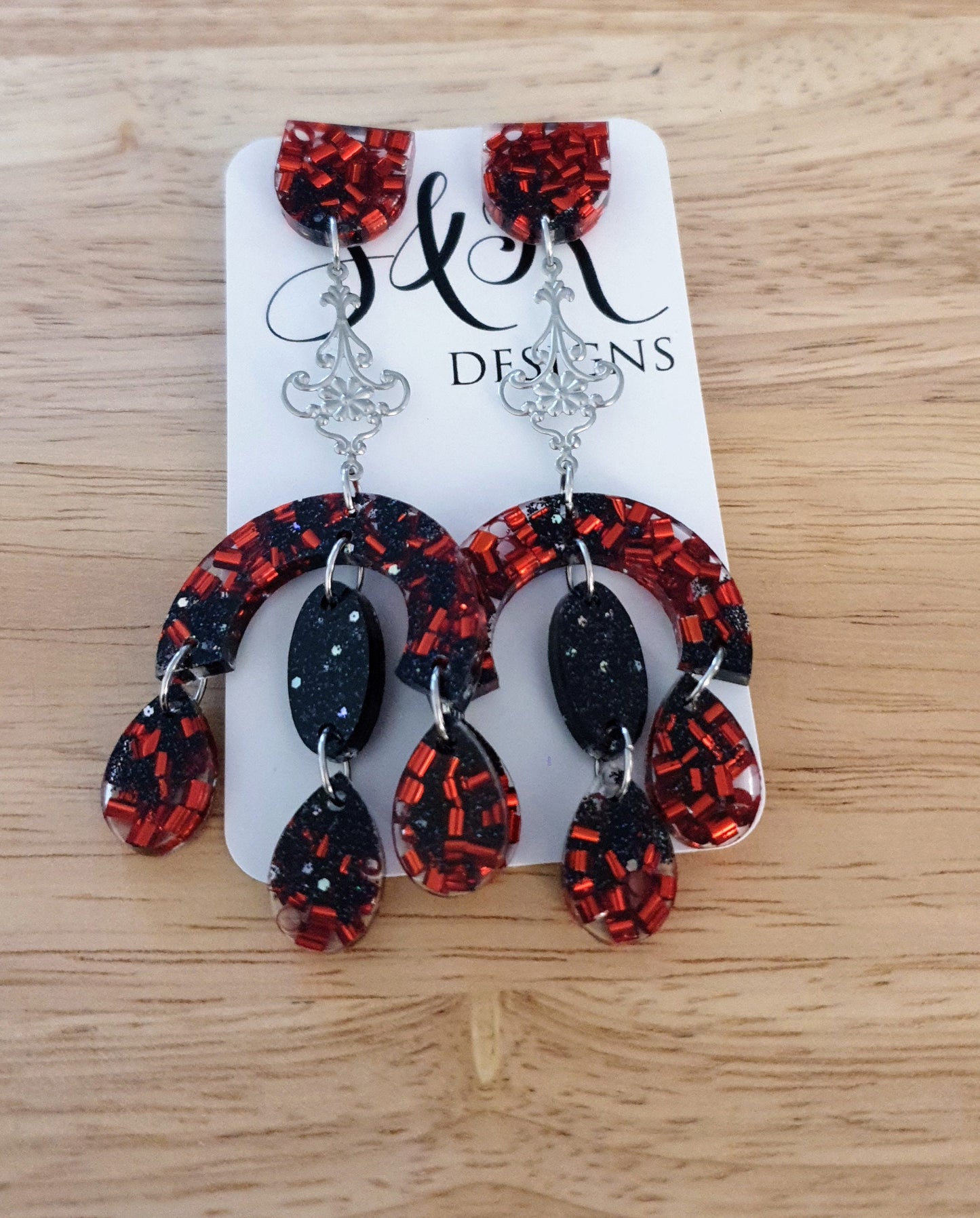 Large Oversized Chandelier Dangle Earrings, Red Black Glitter Filigree Dangles, Gothic Statement Long Earrings