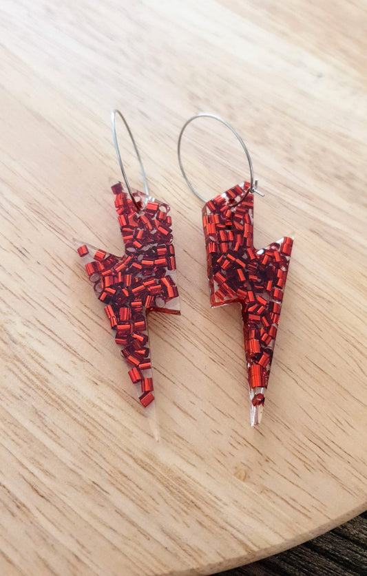 Red Lightning Bolt Hoops, Large Resin Earrings, Metalic Red Glitter Dangles, Stainless Steel Earrings