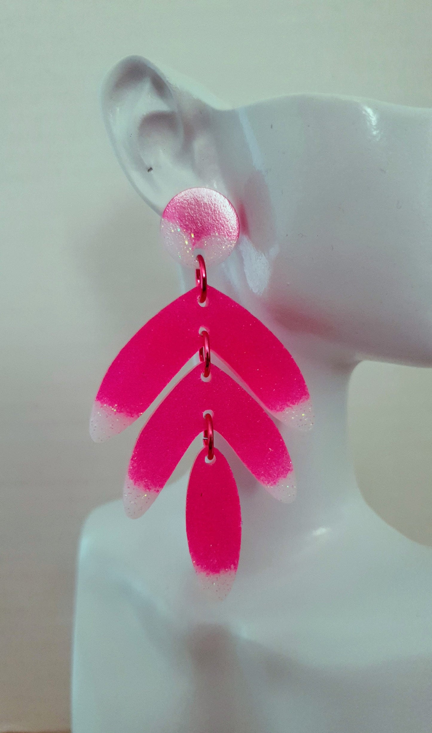Disco Pink Leaf Extra Long Dangle Drop Earrings, Pink and White Glitter Resin Dangles, Statement Earrings