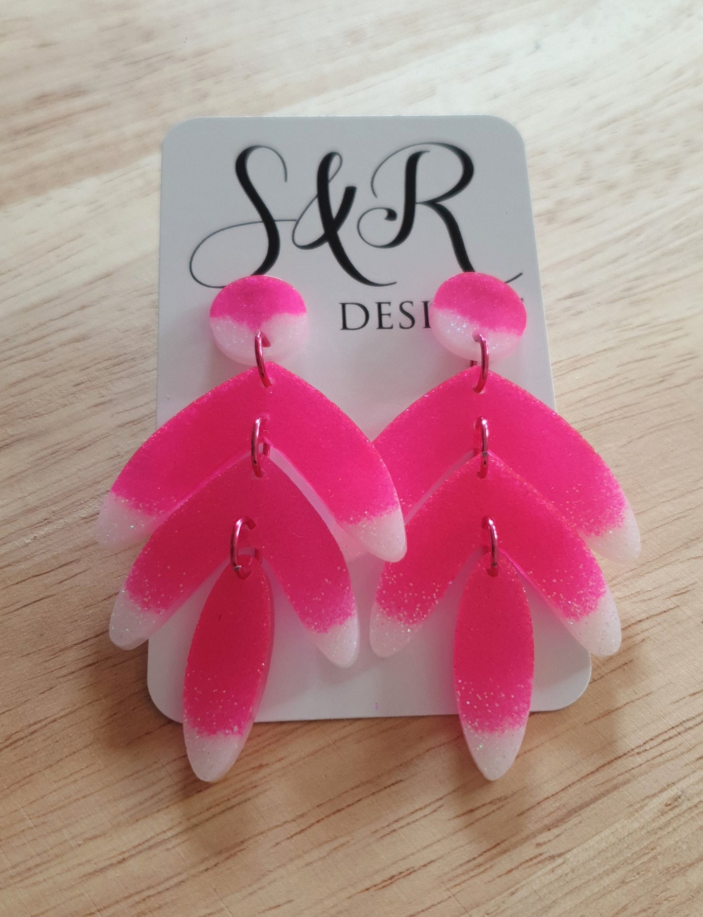 Disco Pink Leaf Extra Long Dangle Drop Earrings, Pink and White Glitter Resin Dangles, Statement Earrings