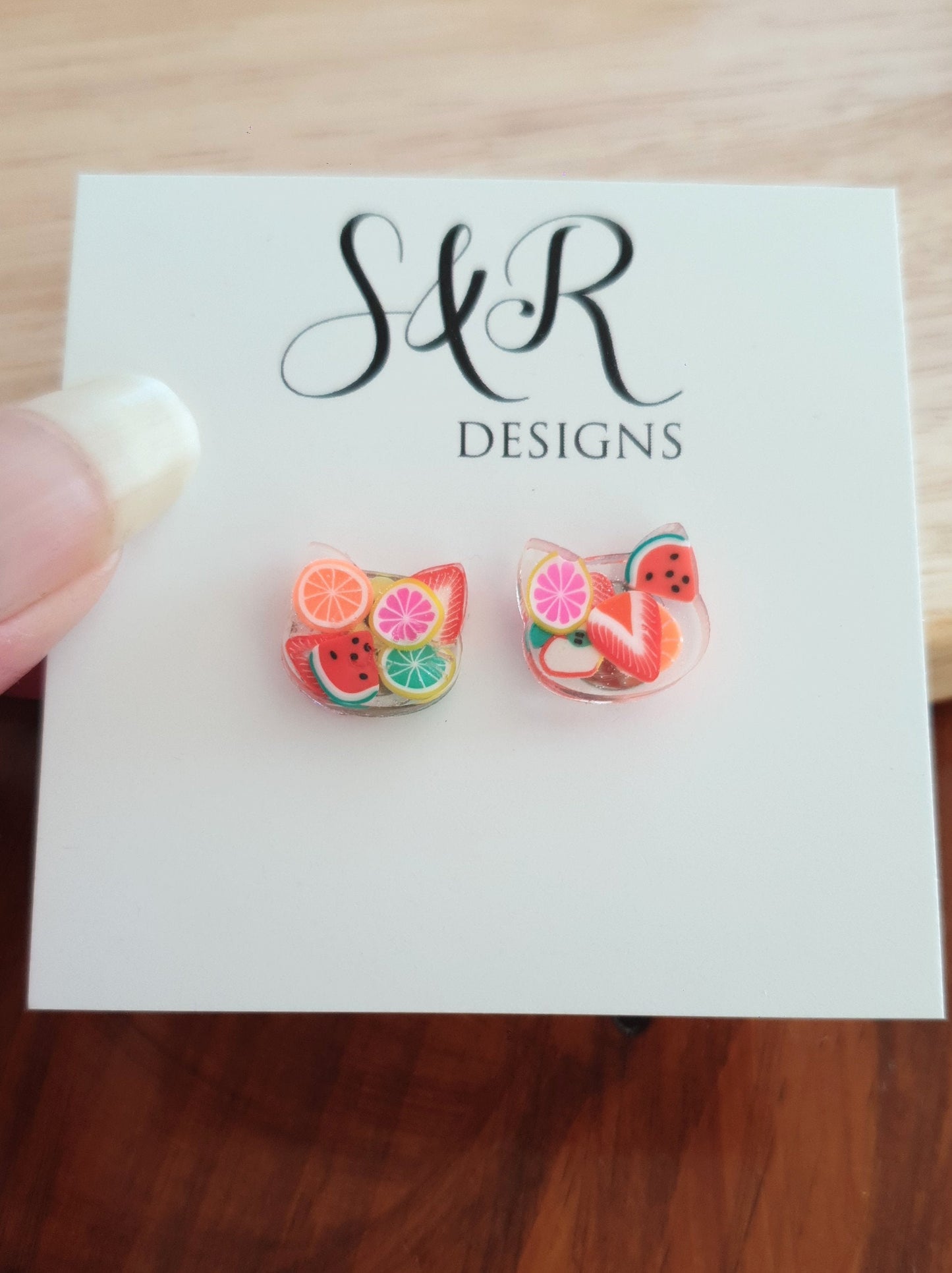 Fruit Salad Cat Earrings, Cat Polymer Fruit Resin Stud Earrings, Earrings made with Stainless Steel.