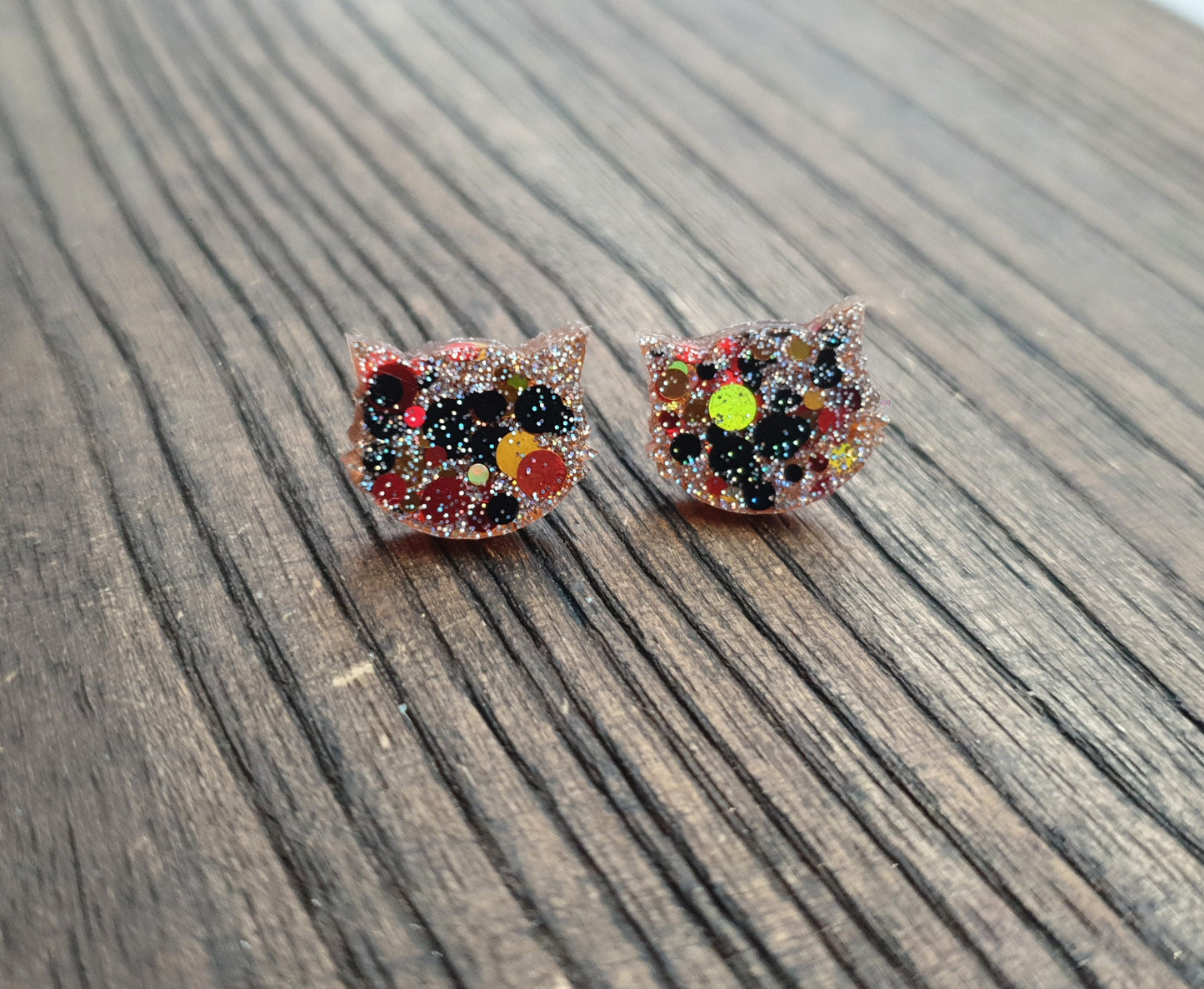 Fall Glitz Cat Earrings, Orange Black Gold Holographic Glitter Resin Stud Earrings, Cat Earrings made with Stainless Steel