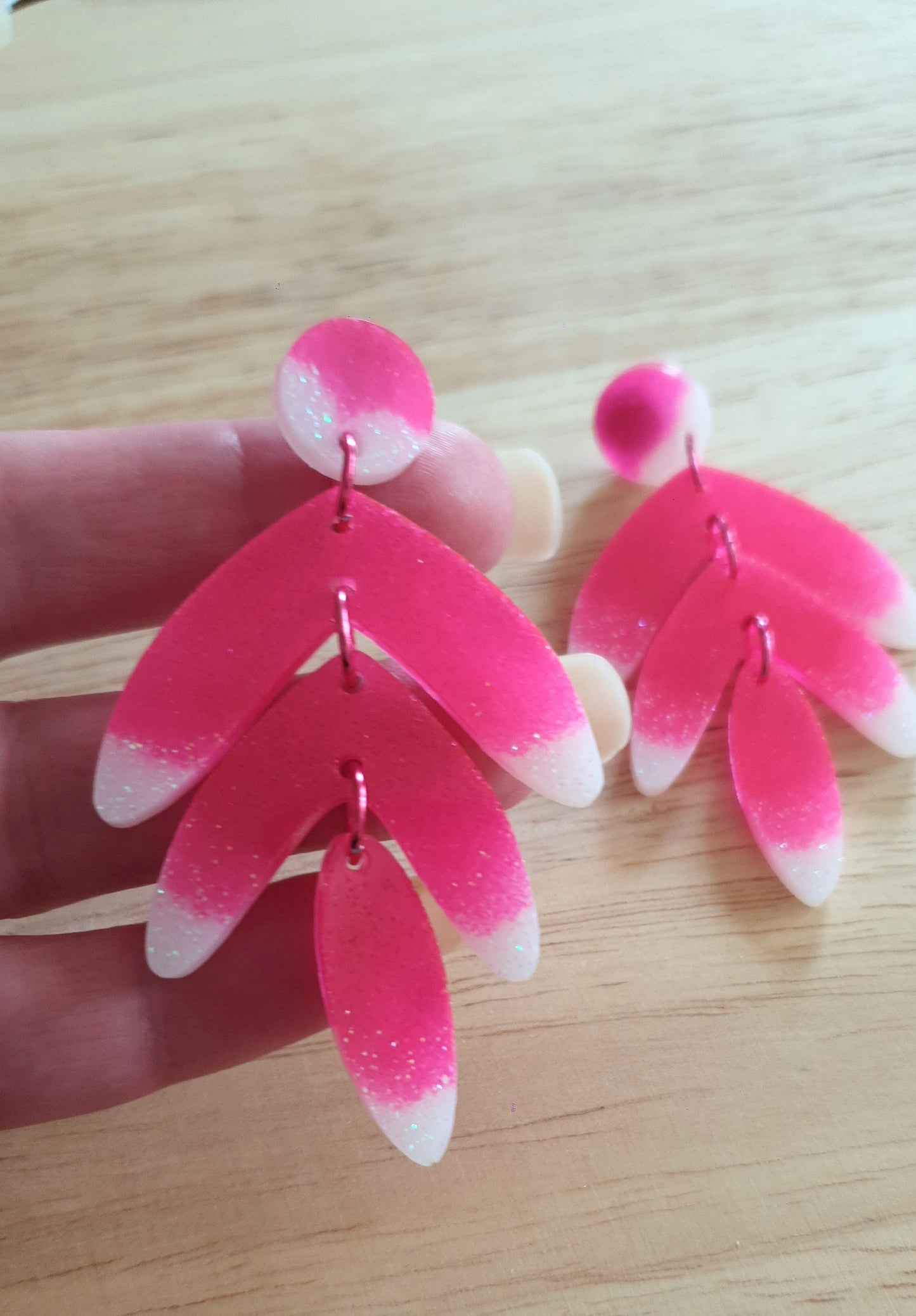 Disco Pink Leaf Extra Long Dangle Drop Earrings, Pink and White Glitter Resin Dangles, Statement Earrings