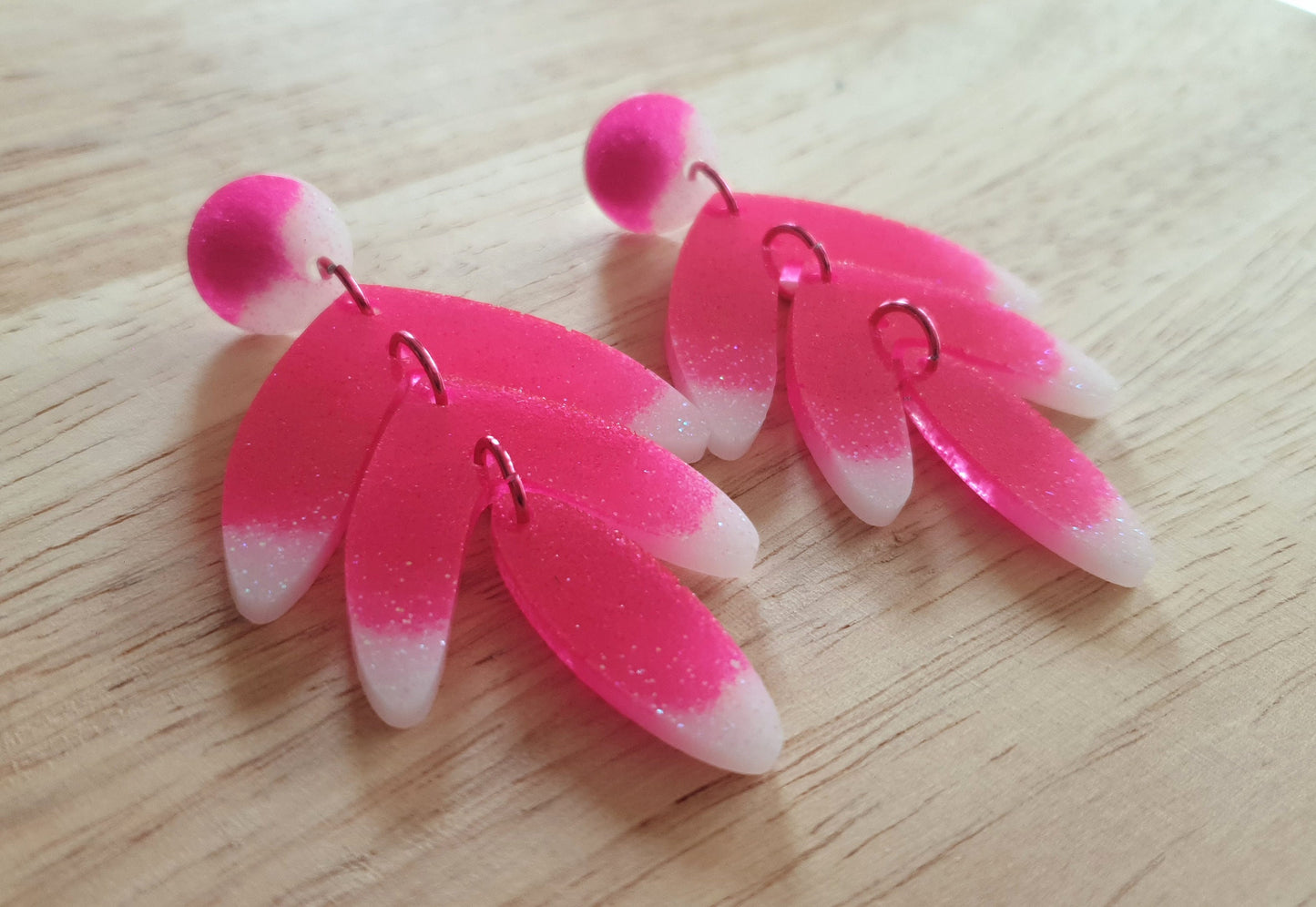 Disco Pink Leaf Extra Long Dangle Drop Earrings, Pink and White Glitter Resin Dangles, Statement Earrings