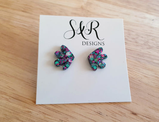 Statement Purple Teal Mix Stud Earrings, Purple Silver and Teal Mix Glitter Resin Studs, Minimalist Jewellery, Made with Stainless Steel.