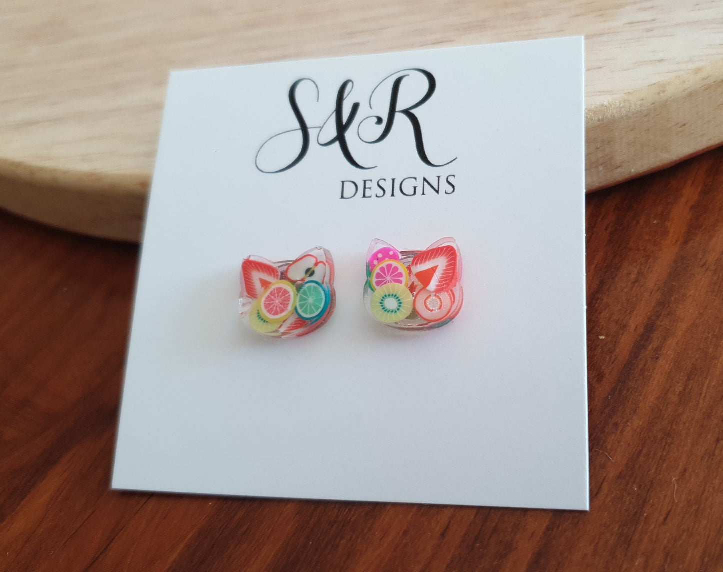 Fruit Salad Cat Earrings, Cat Polymer Fruit Resin Stud Earrings, Earrings made with Stainless Steel.