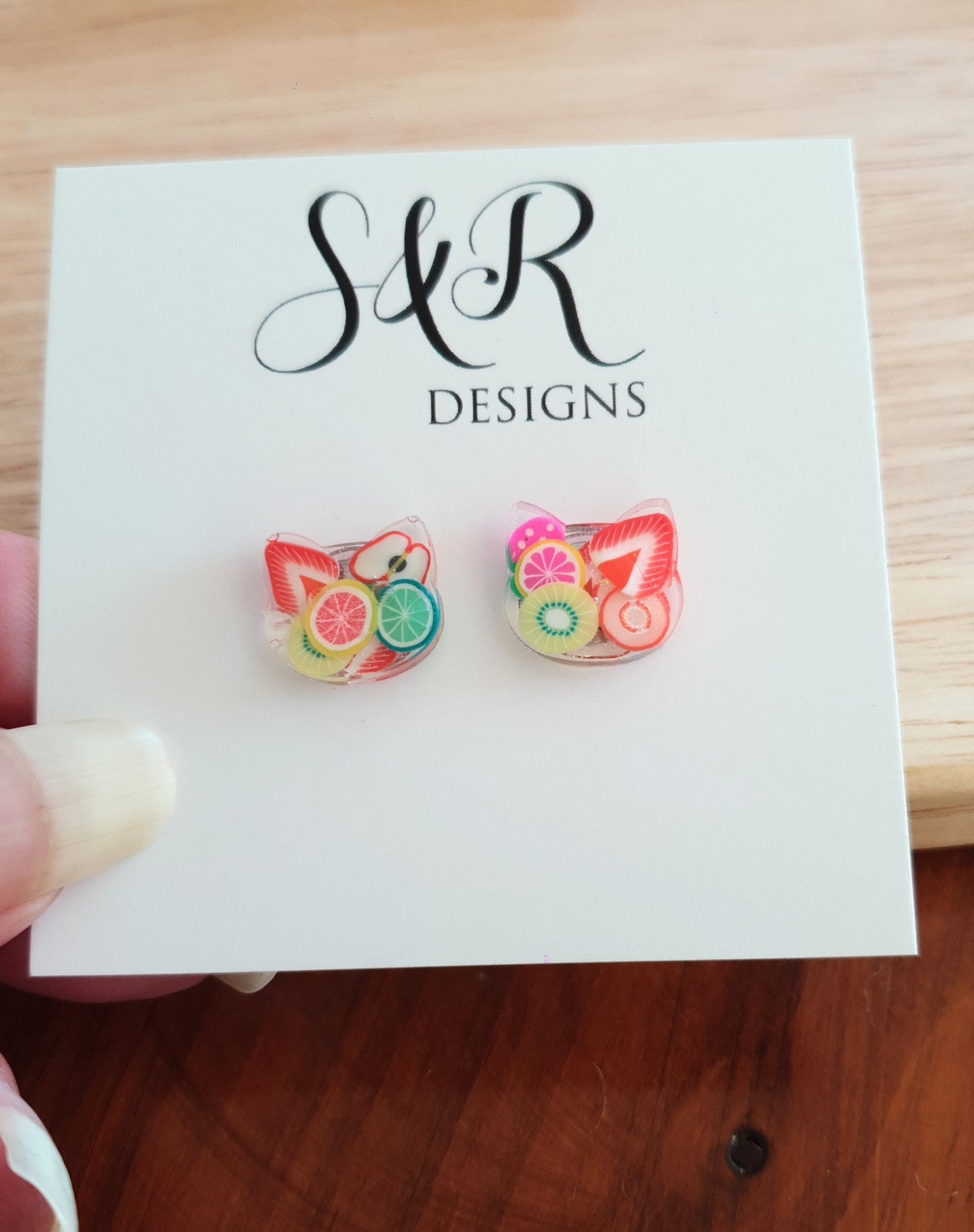 Fruit Salad Cat Earrings, Cat Polymer Fruit Resin Stud Earrings, Earrings made with Stainless Steel.